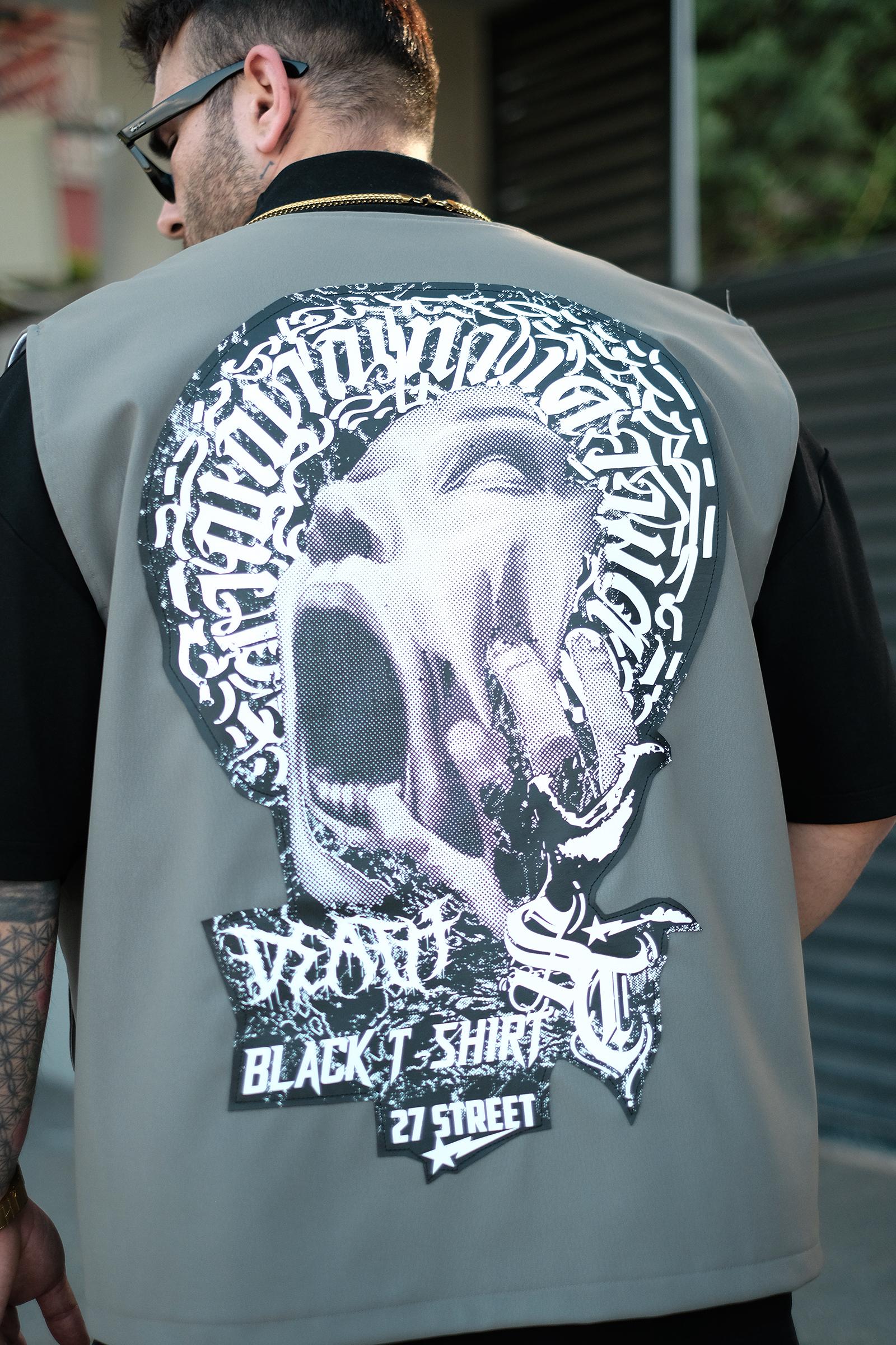 808 Oversize Tek Düğme '' Ambition '' Deri Patch Yelek (Koyu Gri)