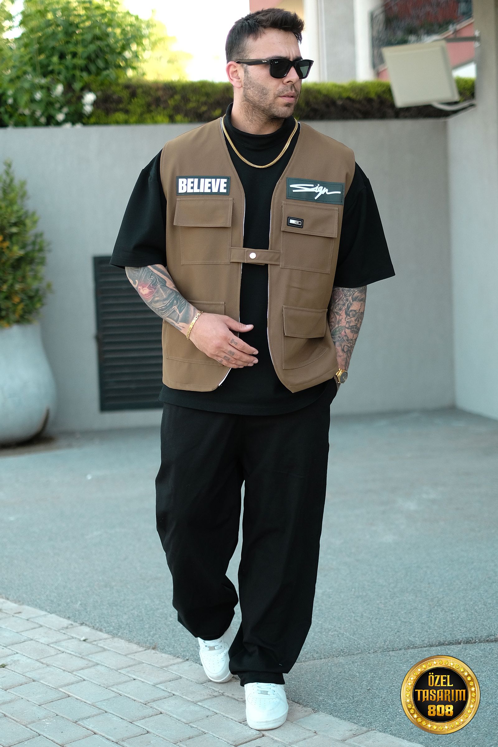 808 Oversize Tek Düğme ''Believe Yelek - Taba