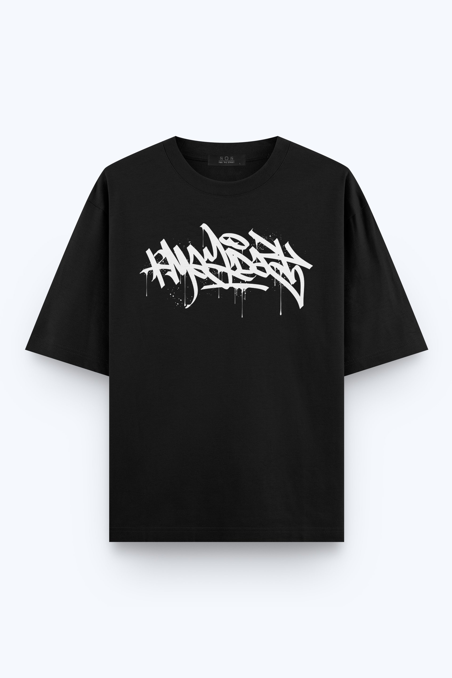808 Tag Baskılı Oversize Tişört - Siyah