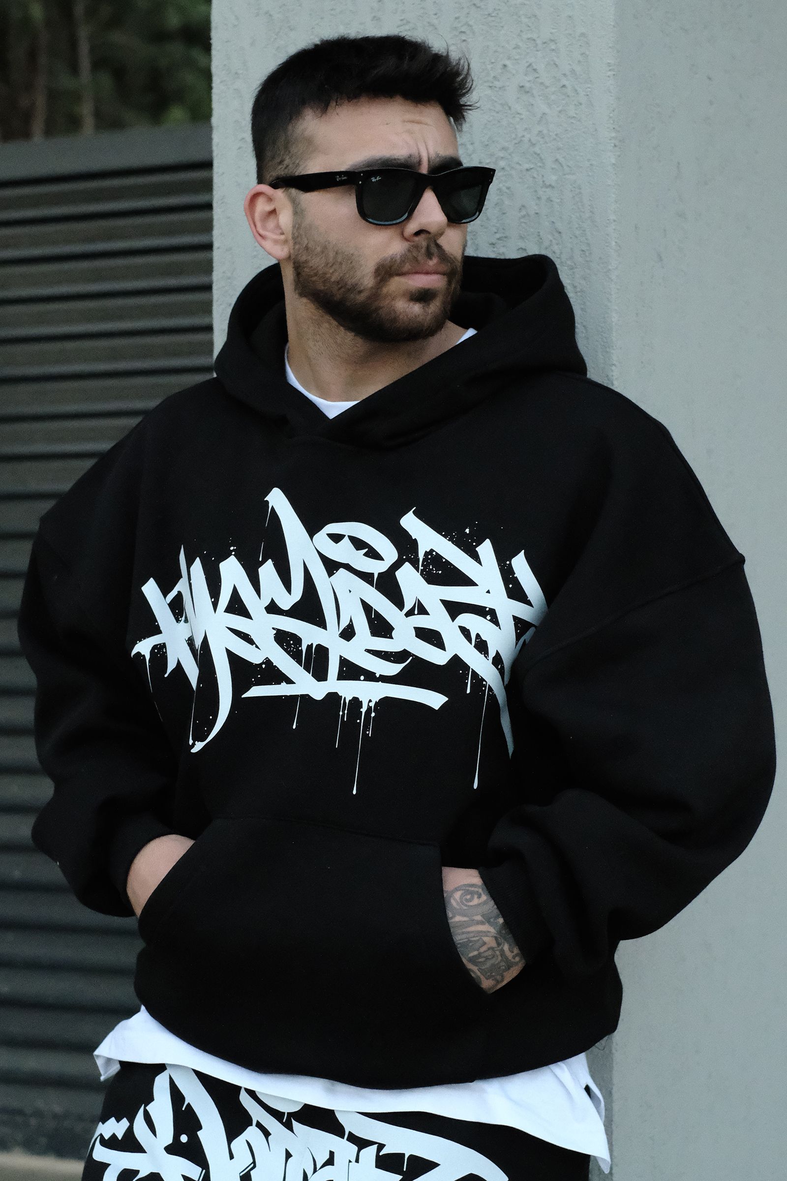 808 Tag Baskılı Özel Tasarım Oversize Hoodie - Siyah