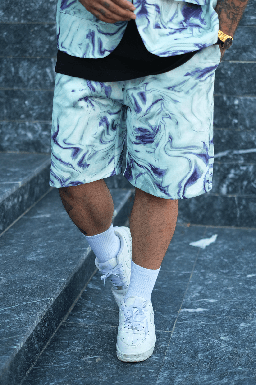 808 Mavi Ametist Desen Oversize Takım ( Yelek + Şort )