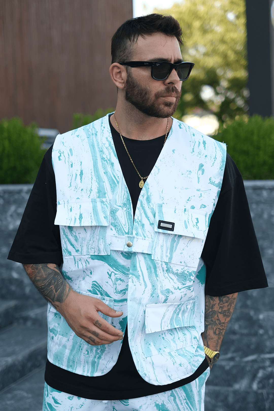 808 Batik Desen Oversize Tek Düğme Kot Yelek