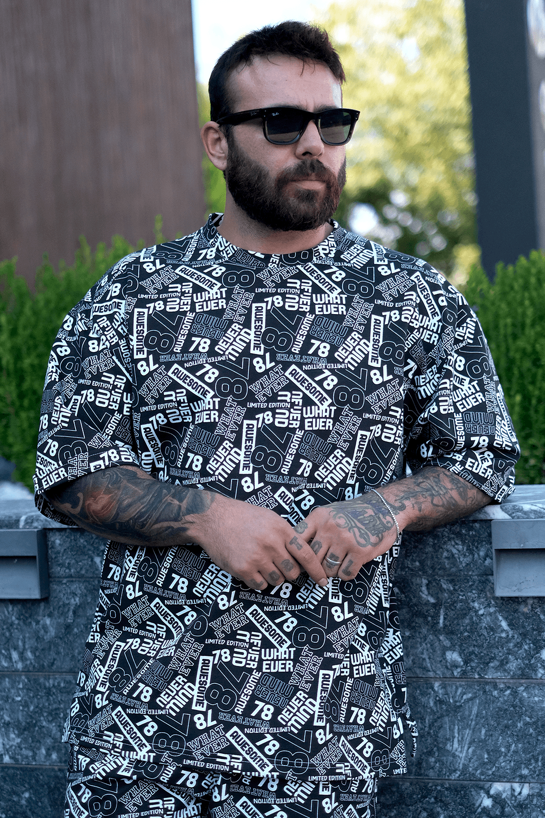 808 78 Desen Tok Oversize Sıfır Yaka Tişört