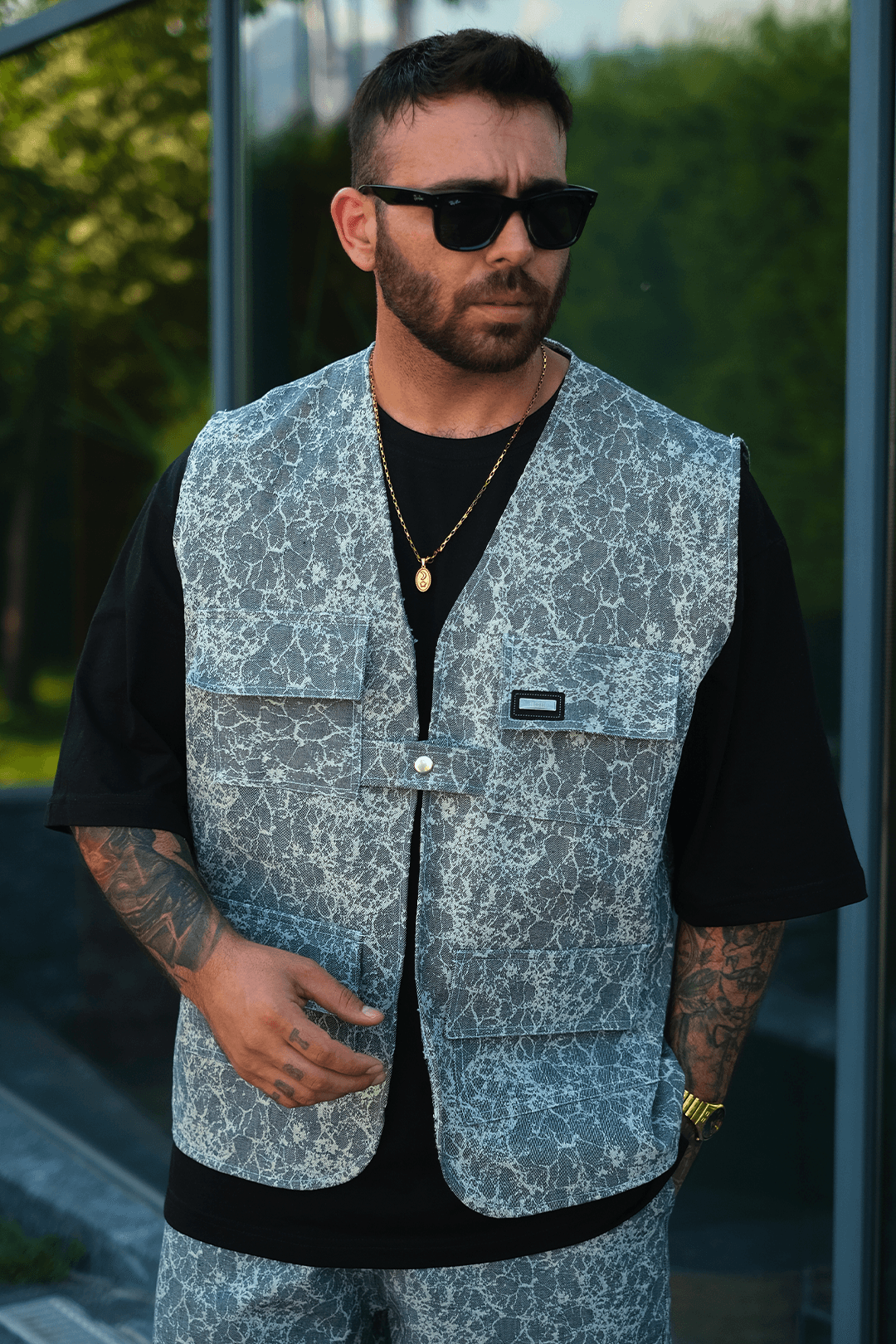 808 Buz Mermer Desen Oversize Takım ( Yelek + Şort )