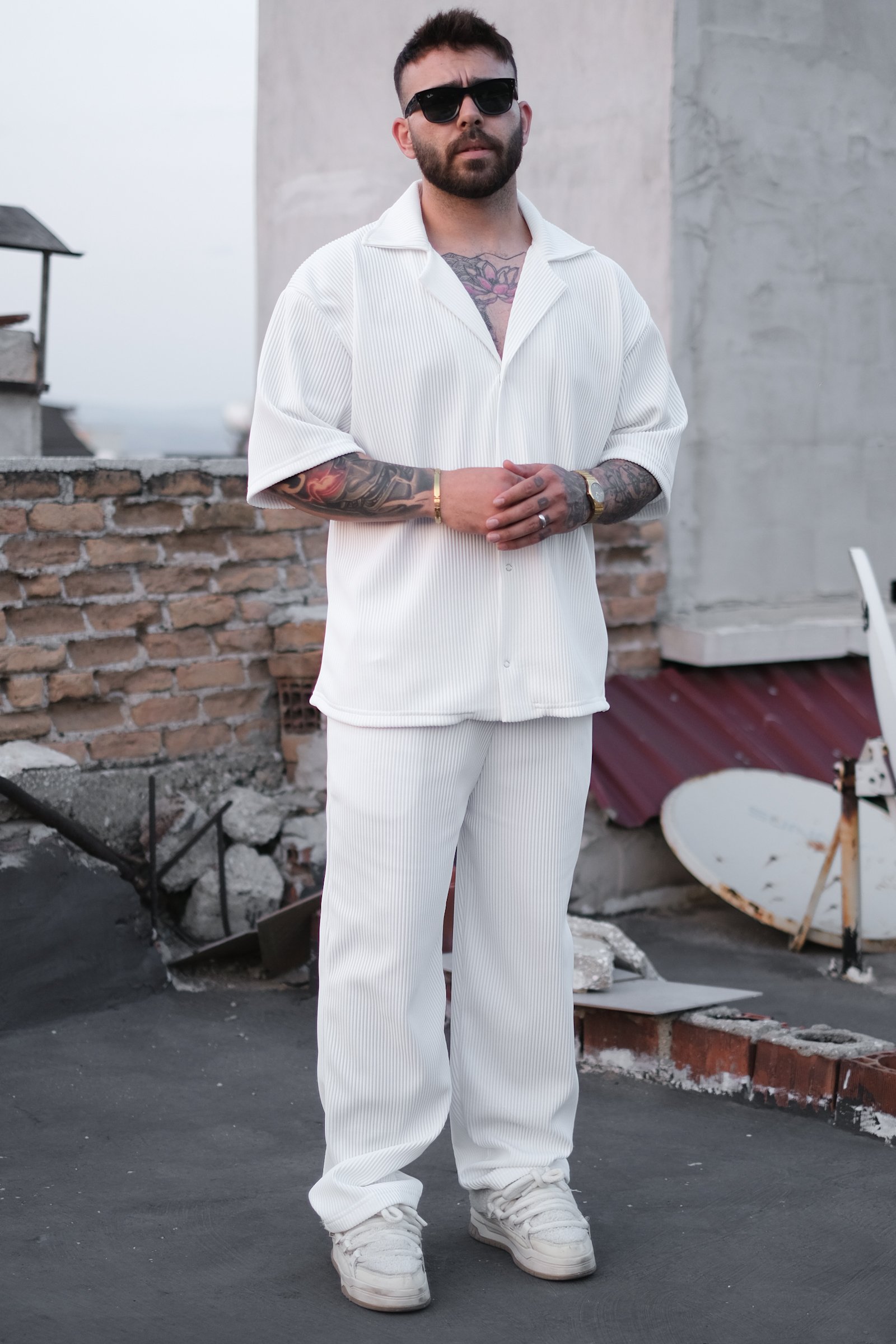 808 Fitil Dokulu Baggy Tok Jogger - Beyaz