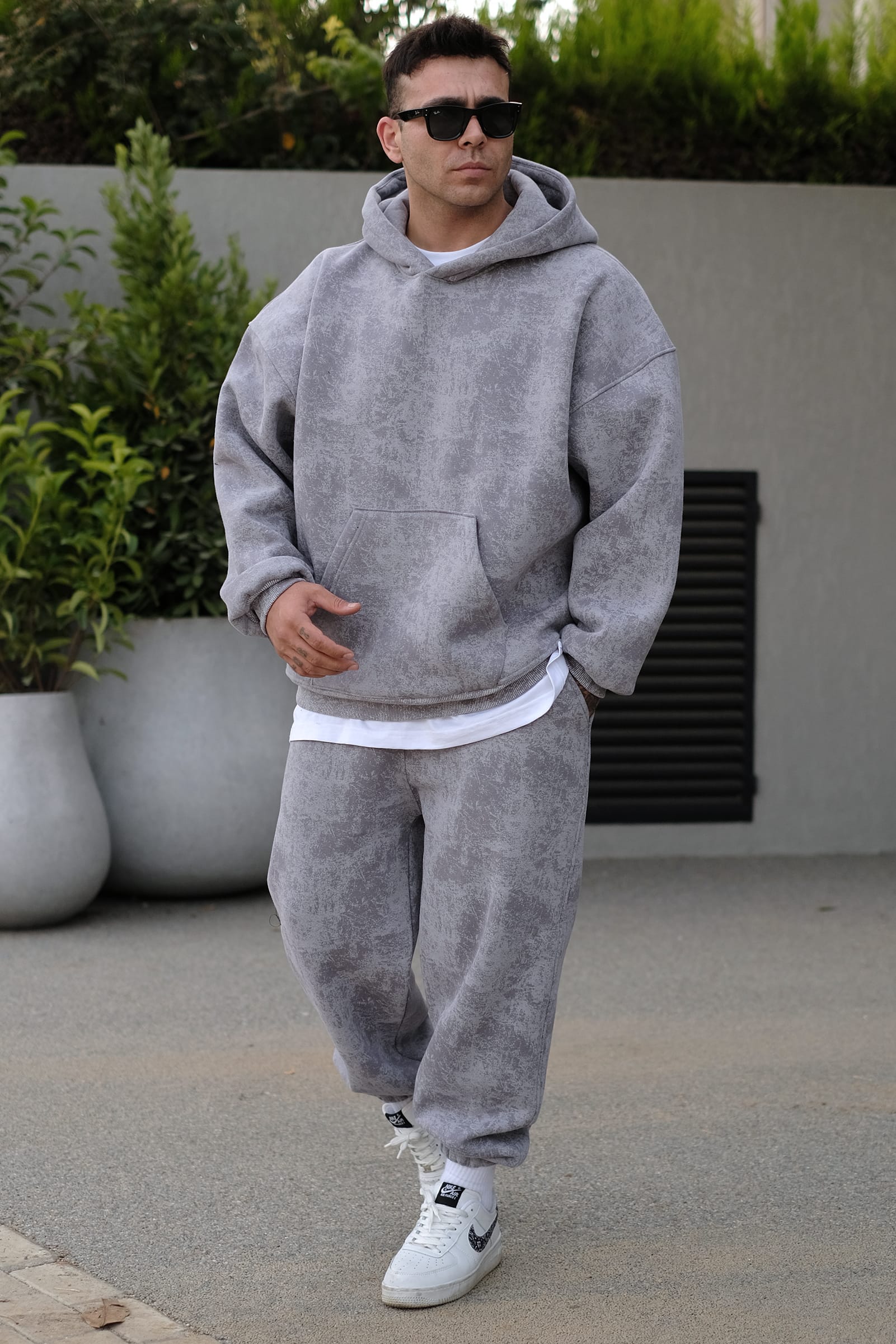 808 Eskitme Efekt Extra Oversize Puff Hoodie - Gri