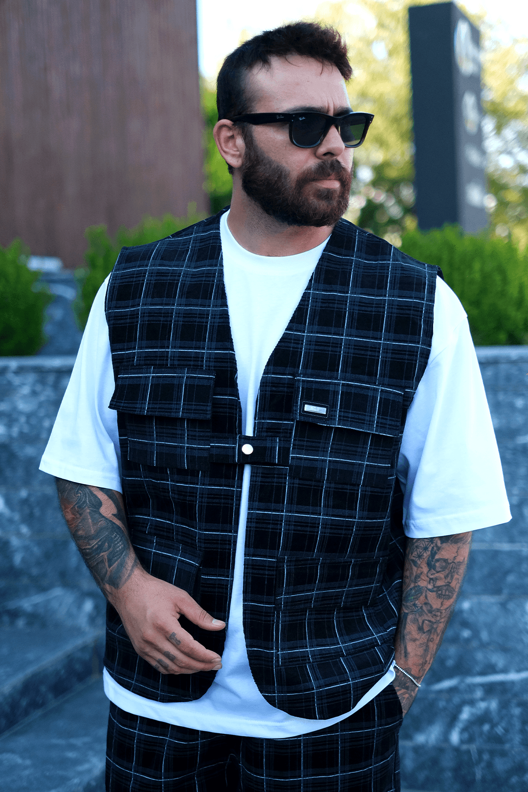 808 Metal Grid Desen Tek Düğme Oversize Yelek