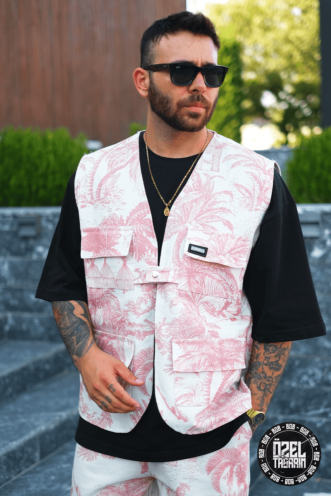 808 Palmiye Desen Tek Düğme Oversize Yelek