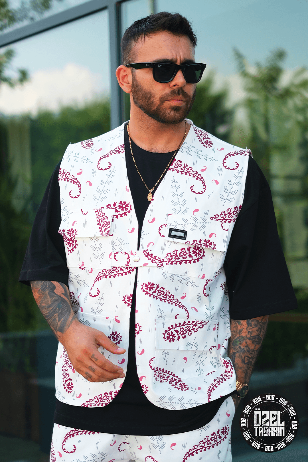 808 Kızıl Paisley Desen Tek Düğme Oversize Yelek