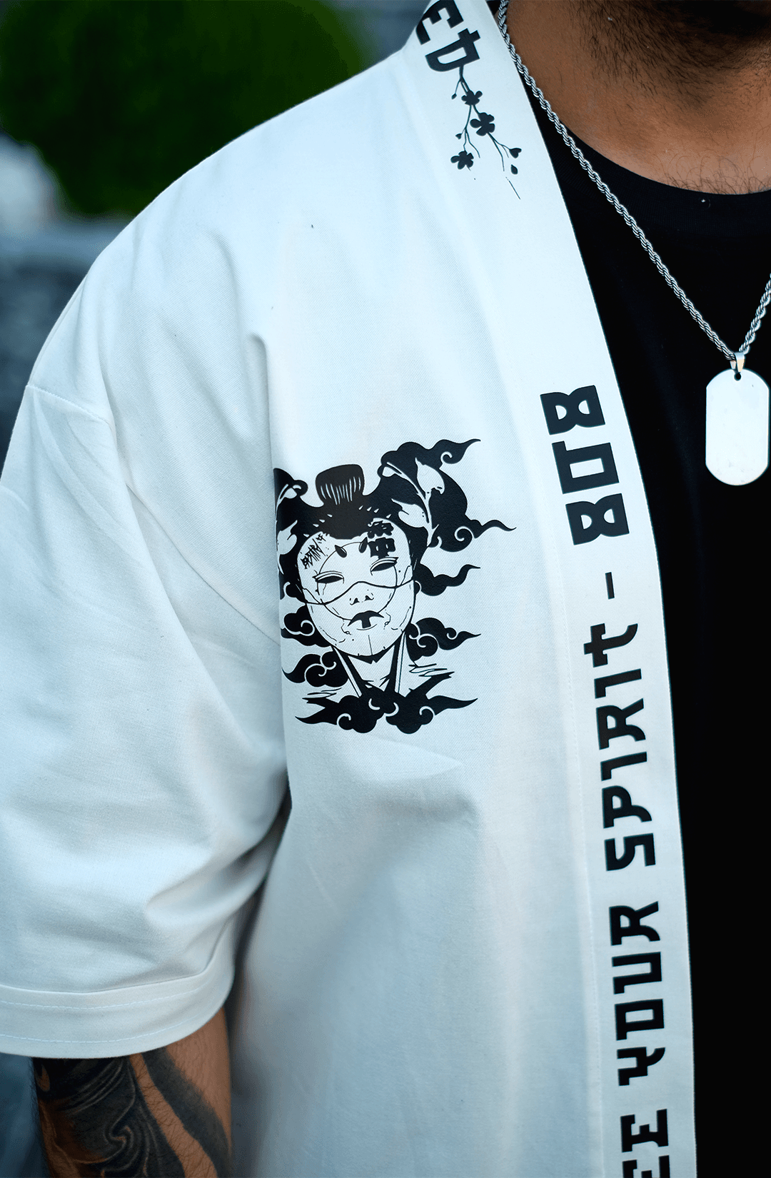808 Orochi Baskı Detay Oversize Kimono - Ekru