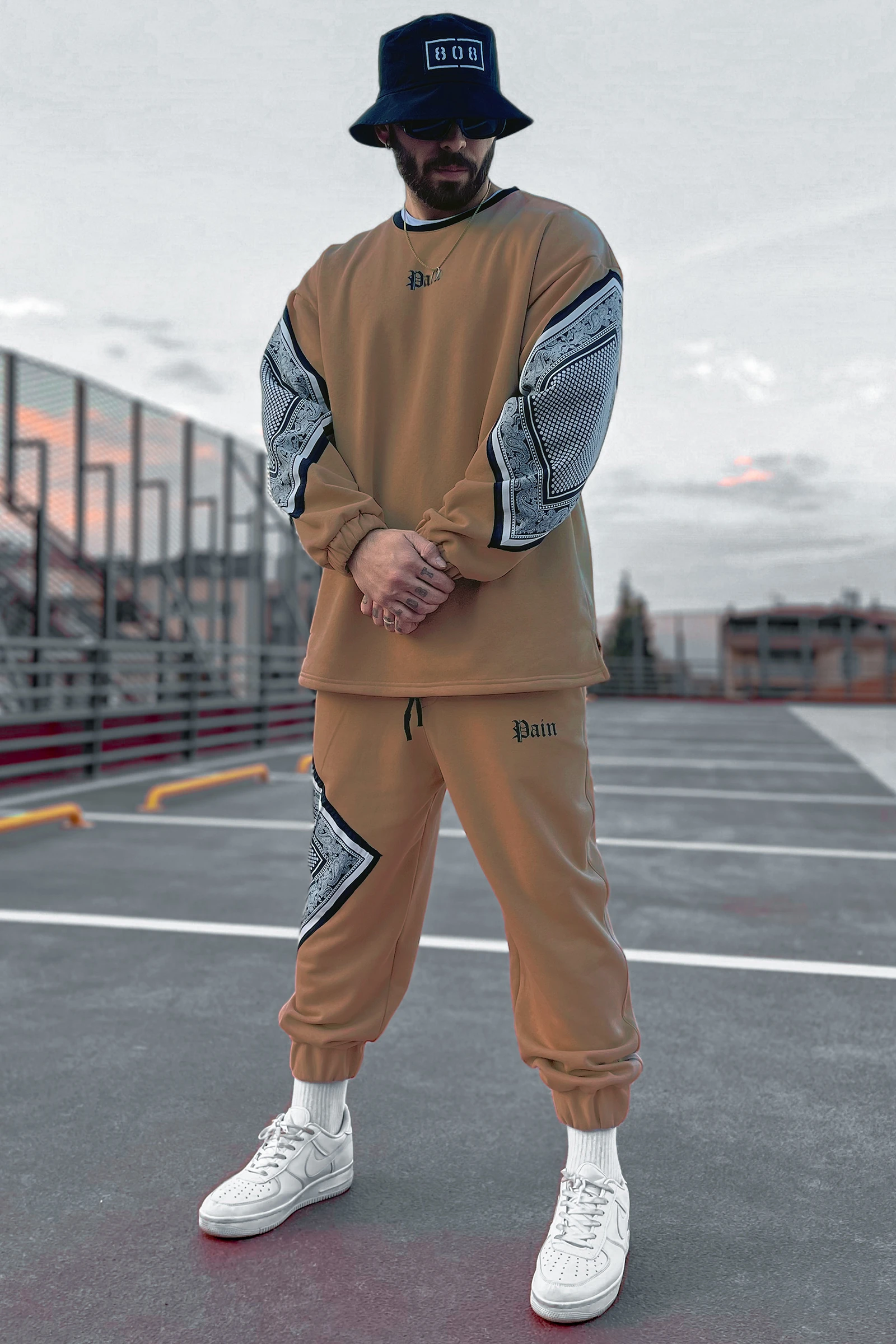 808 Pain Bandana Kontrast Oversize ( Sweatshirt + Jogger ) - Açık Kahverengi