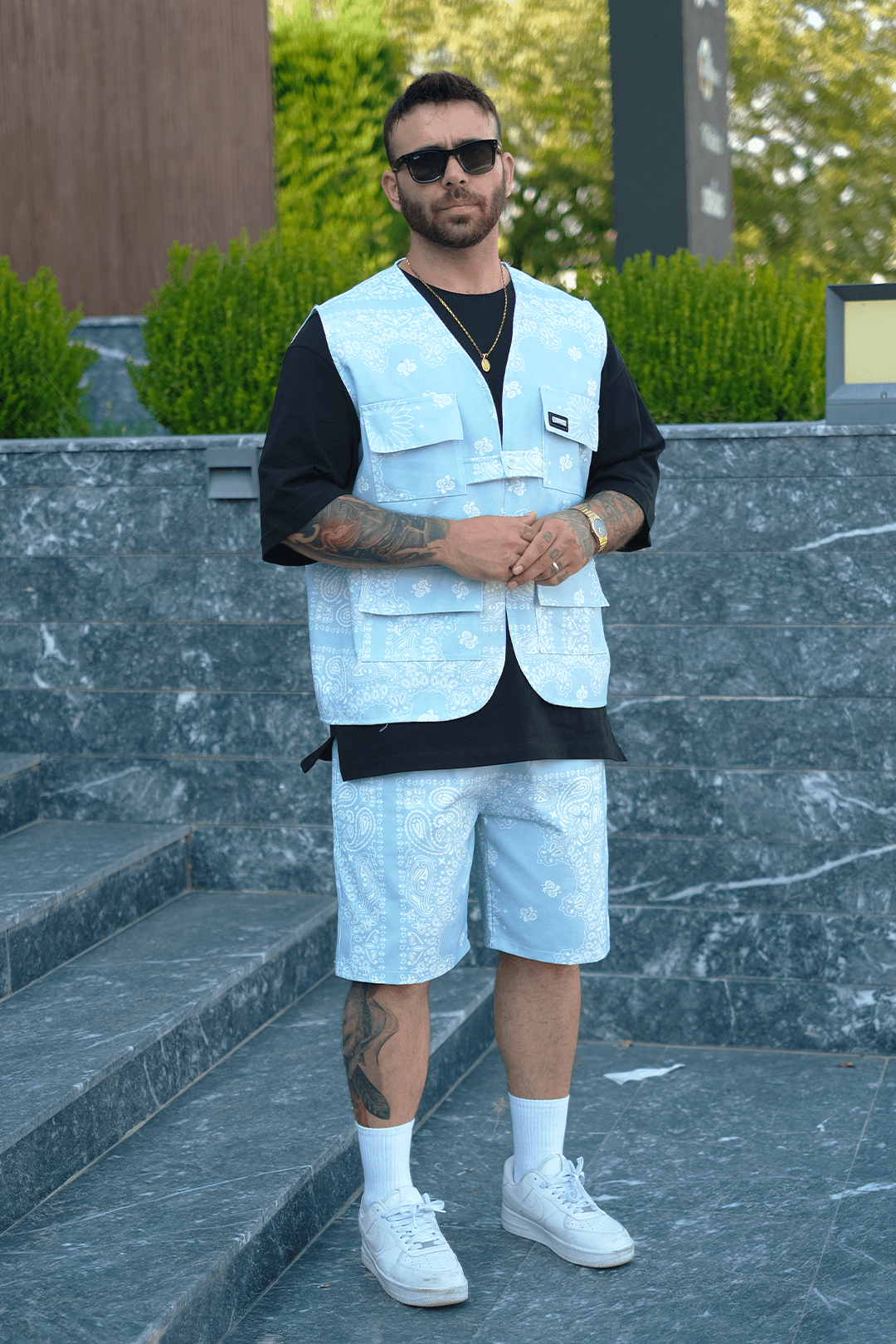 808 Sky Bandana Desen Oversize Takım ( Yelek + Şort )