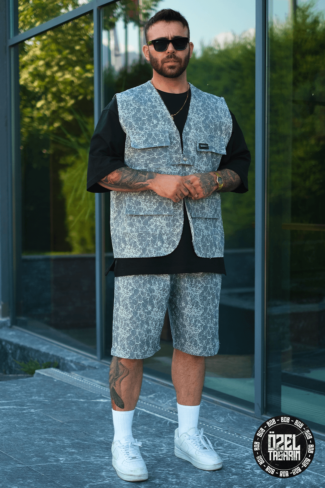808 Buz Mermer Desen Oversize Takım ( Yelek + Şort )