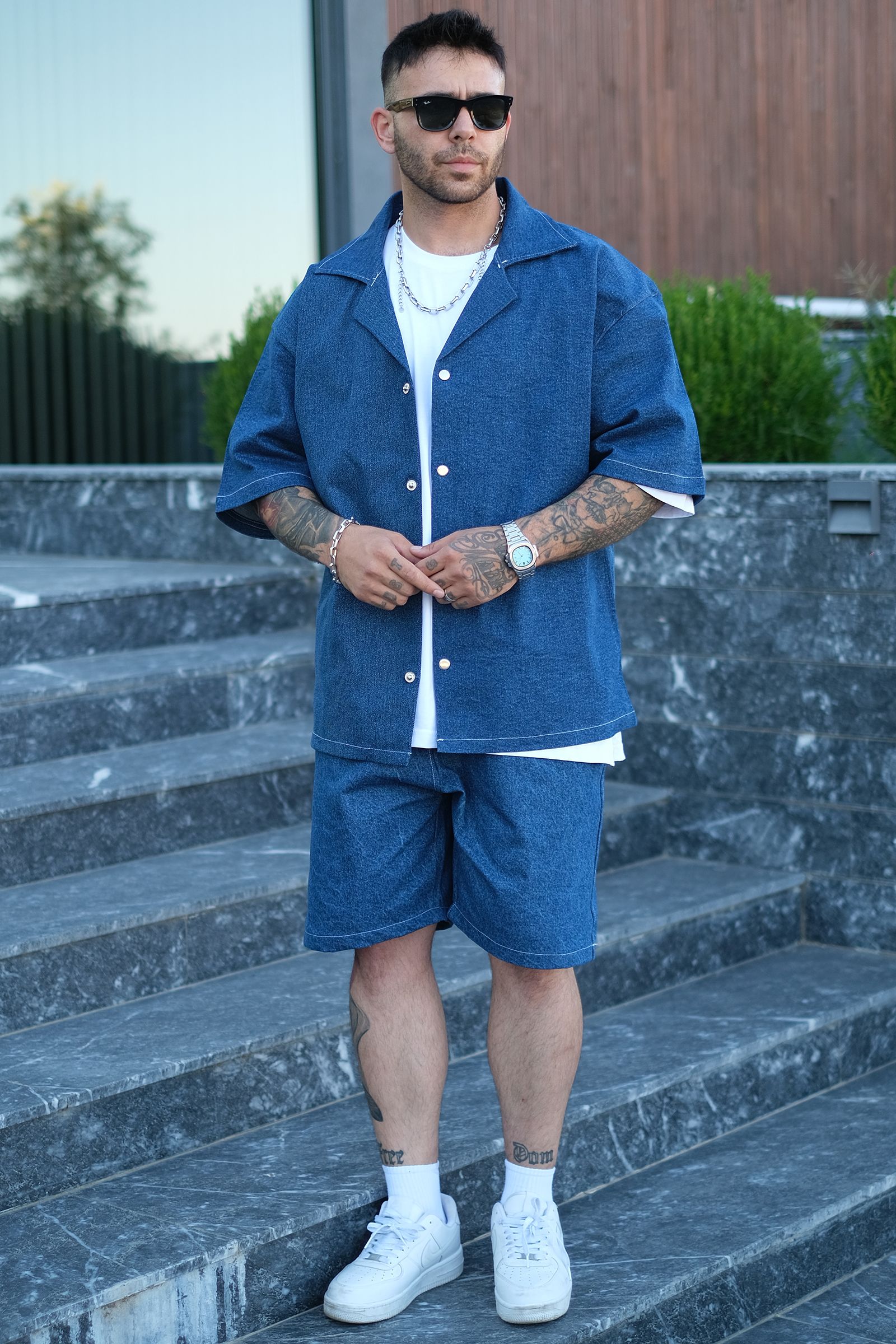 808 Oversize Basic Tok Kot Takım (Gömlek + Şort)