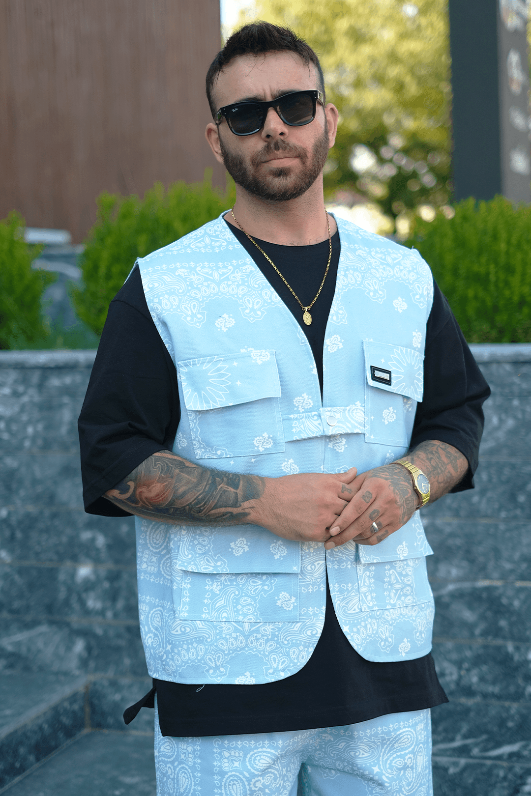 808 Sky Bandana Desen Tek Düğme Oversize Yelek