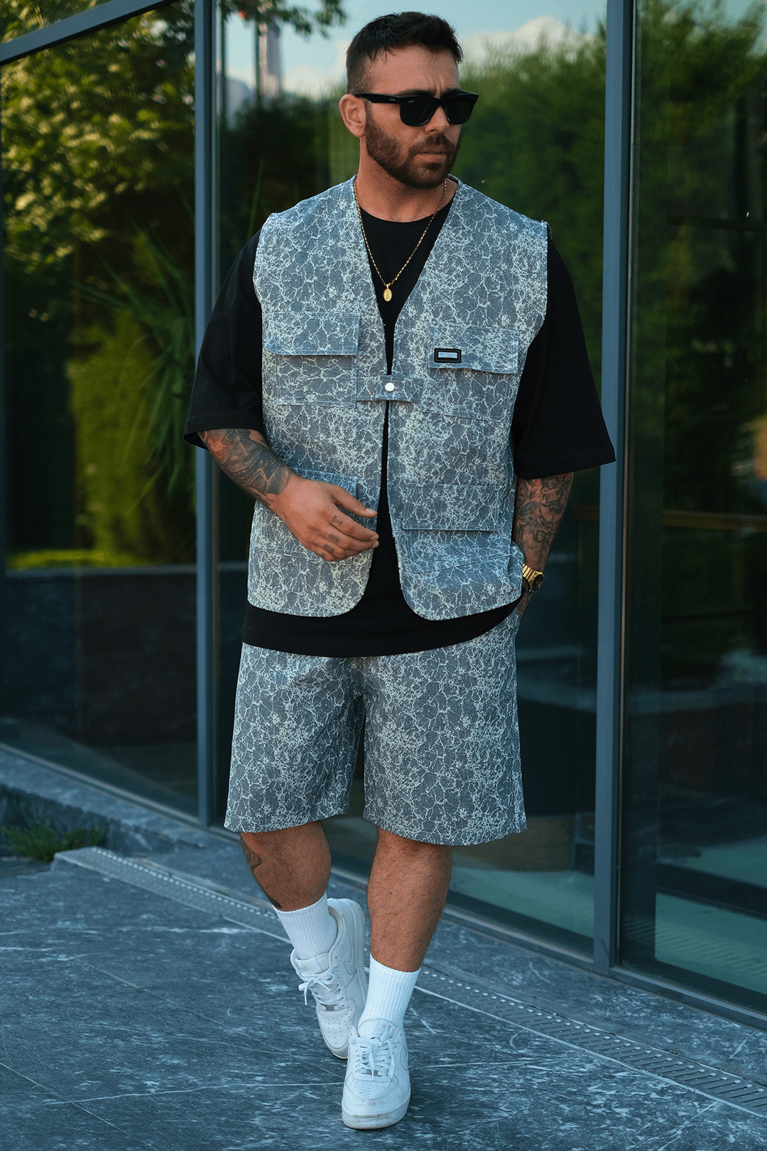 808 Buz Mermer Desen Oversize Takım ( Yelek + Şort )