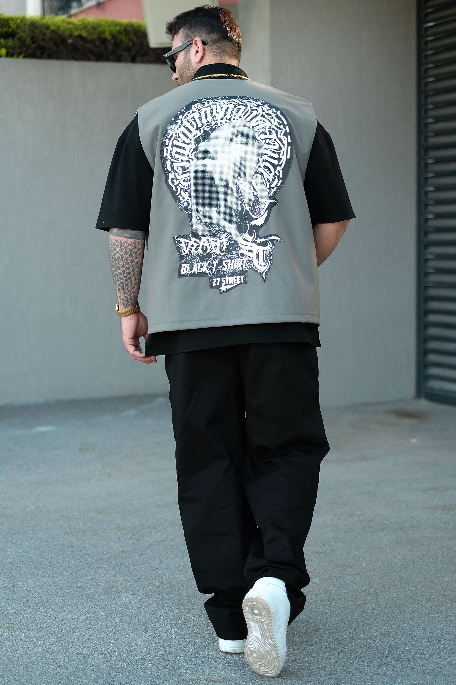 808 Oversize Tek Düğme '' Ambition '' Deri Patch Yelek (Koyu Gri)