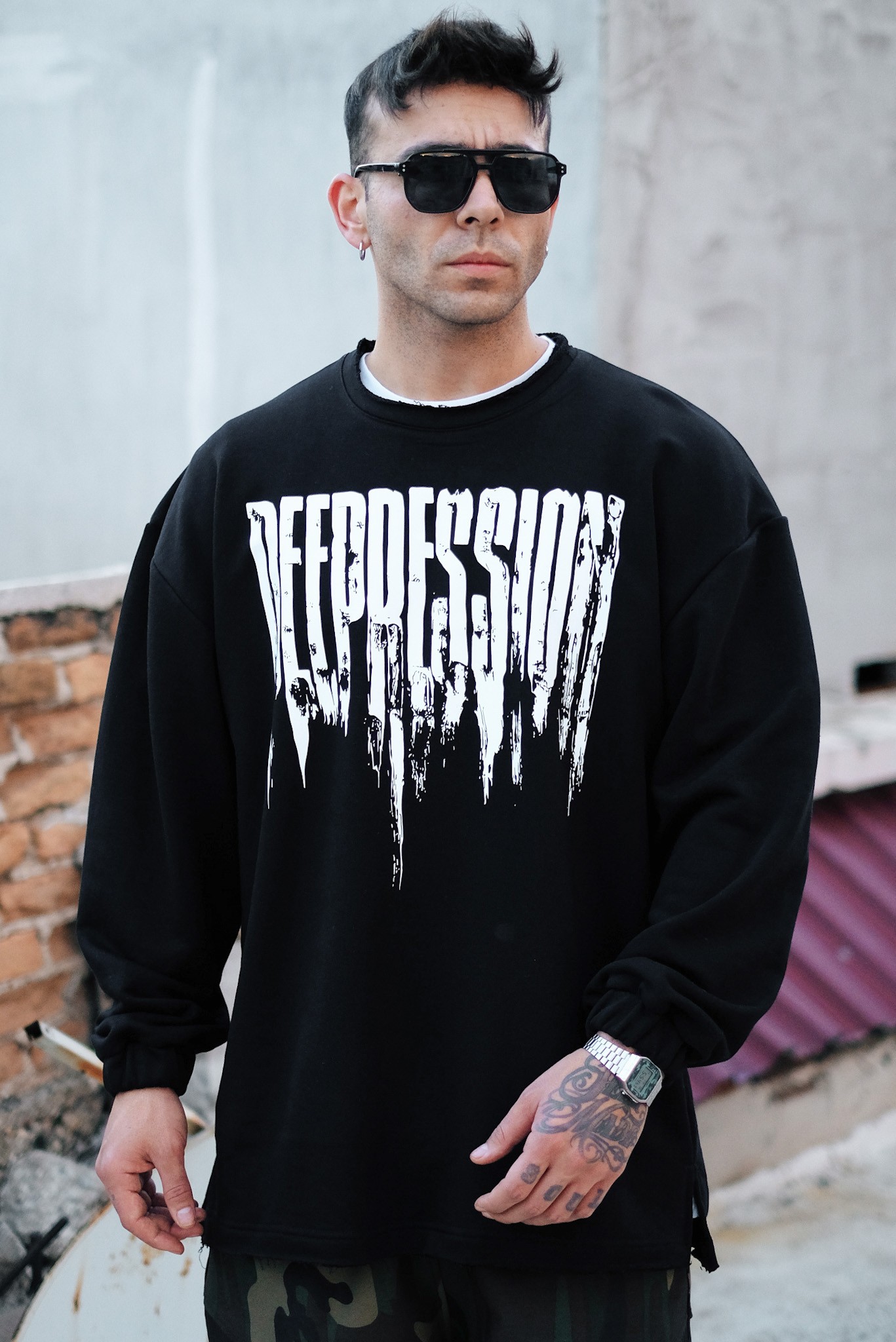 808 ''Depreession'' Göğüs Baskılı Oversize Sweatshirt