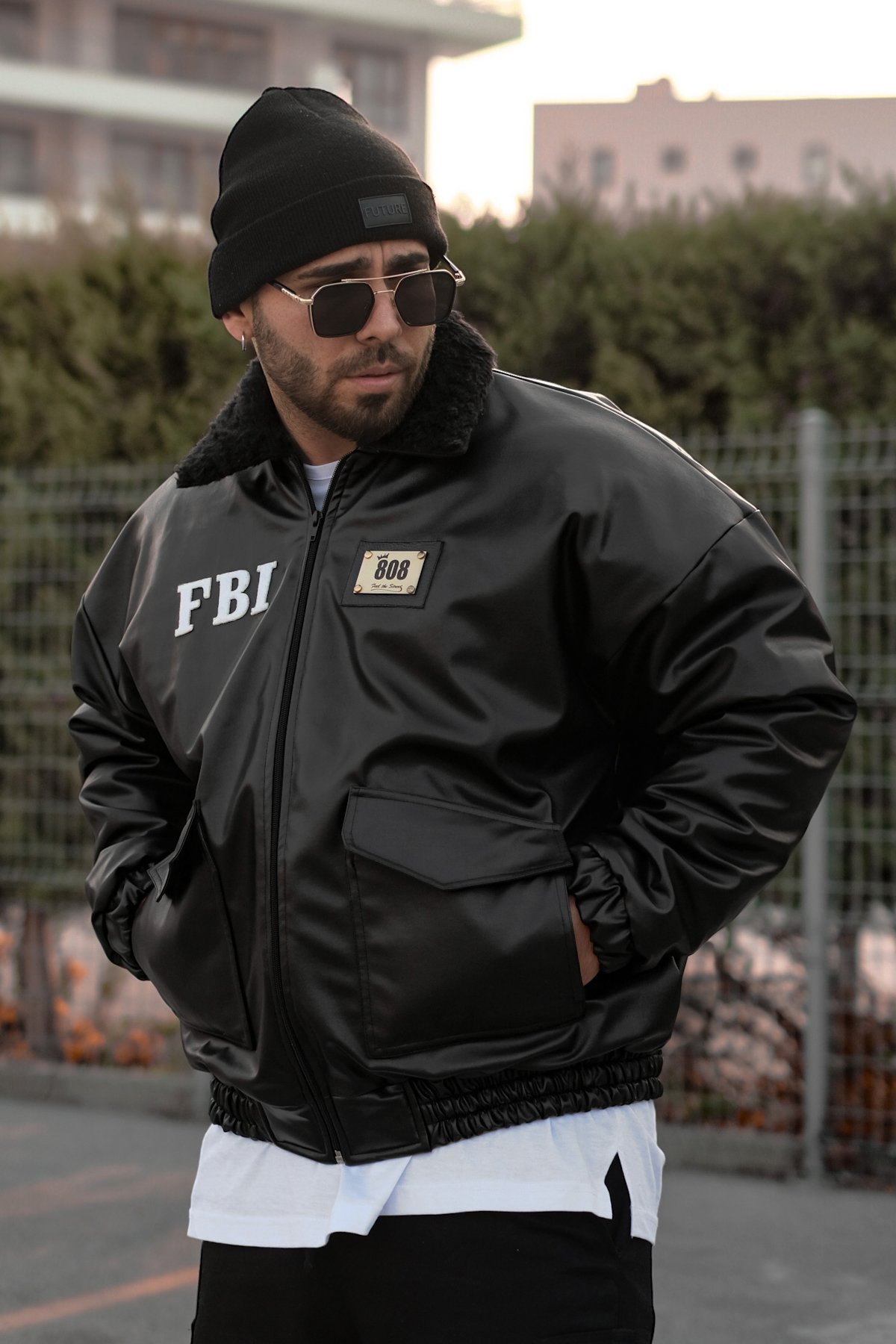 808 “FBI” Dolgulu Kürk Yaka Oversize Suni Deri Mont