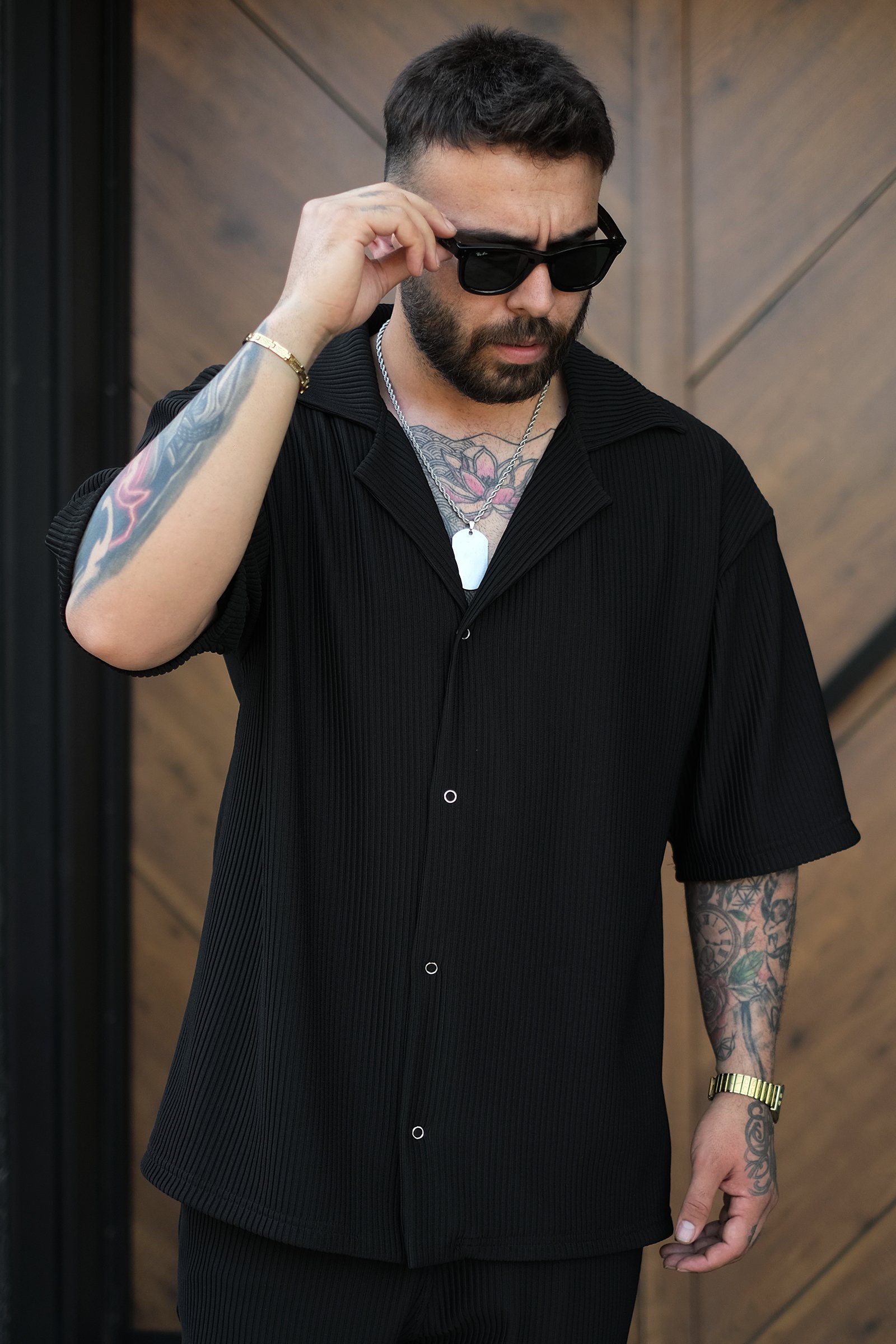 808 Fitil Dokulu Oversize V Yaka Gömlek - Siyah