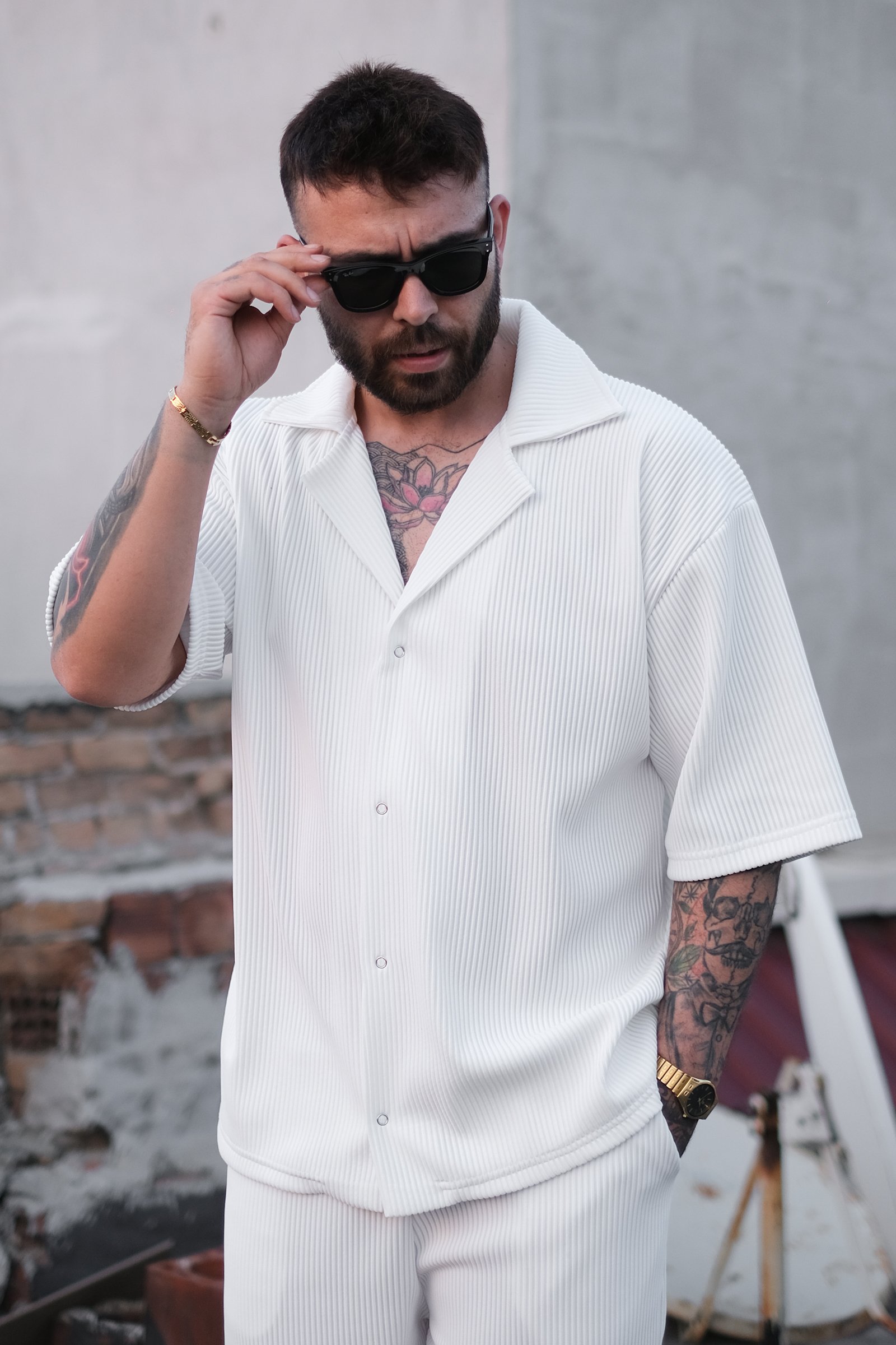 808 Fitil Dokulu Oversize V Yaka Gömlek