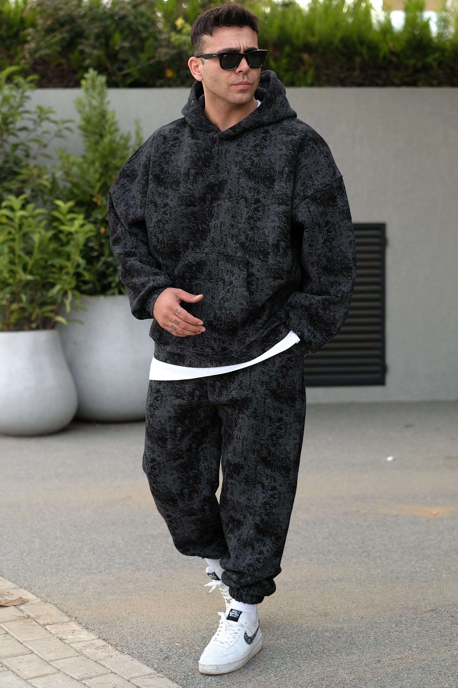 808 Eskitme Efekt Oversize Puff Jogger Eşofman Altı - Siyah