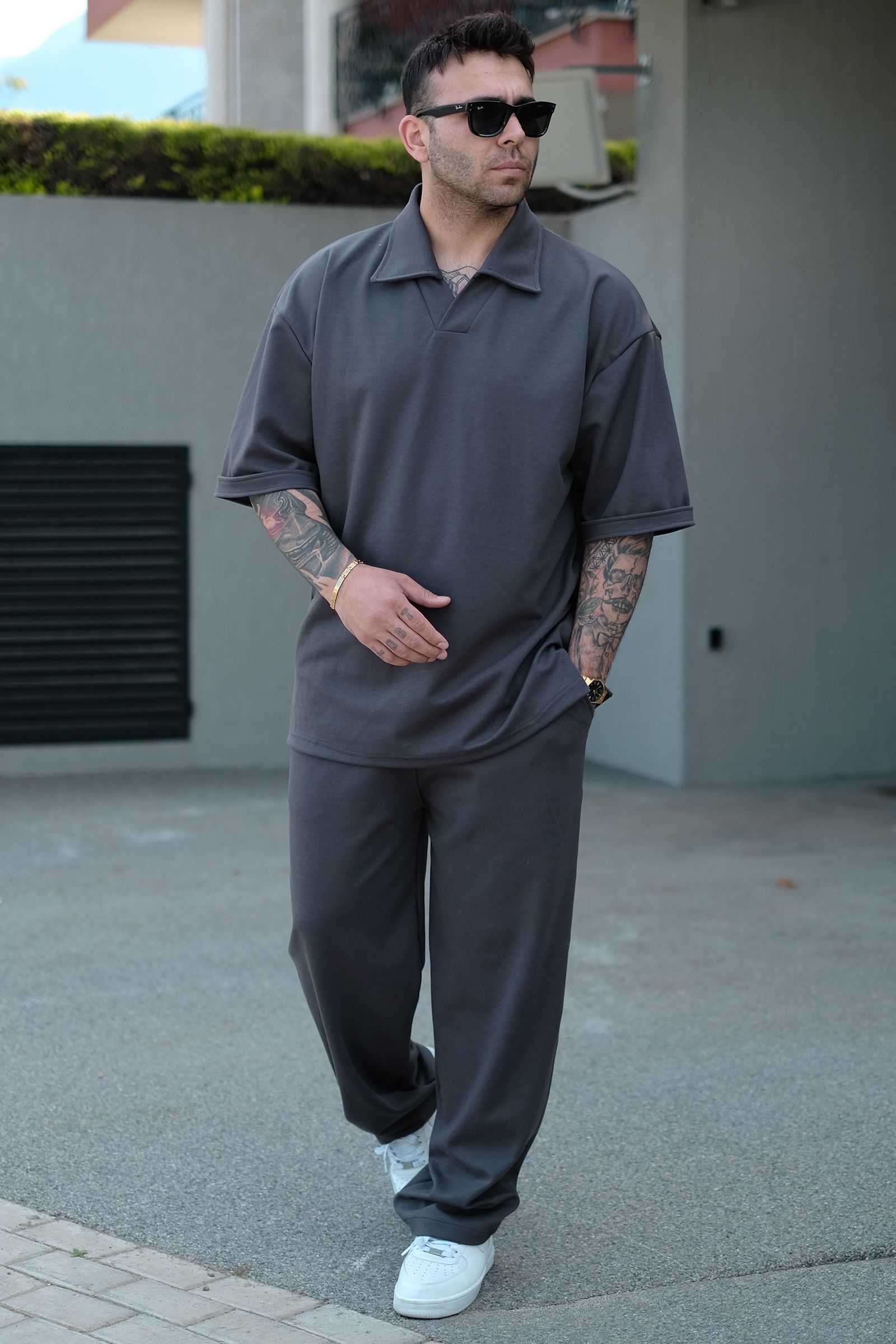 808 Yakalı Basic Tok Oversize Tişört - Koyu Gri