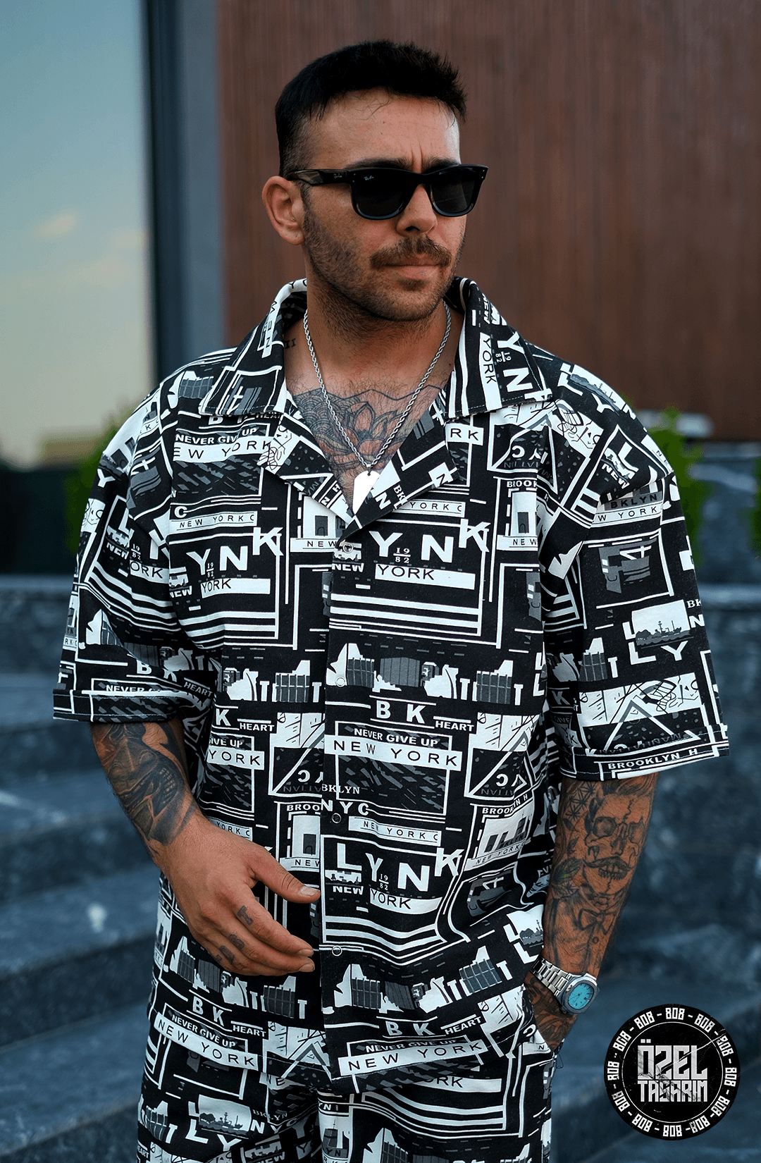808 NYC Desen Tok V Yaka Oversize  Gömlek