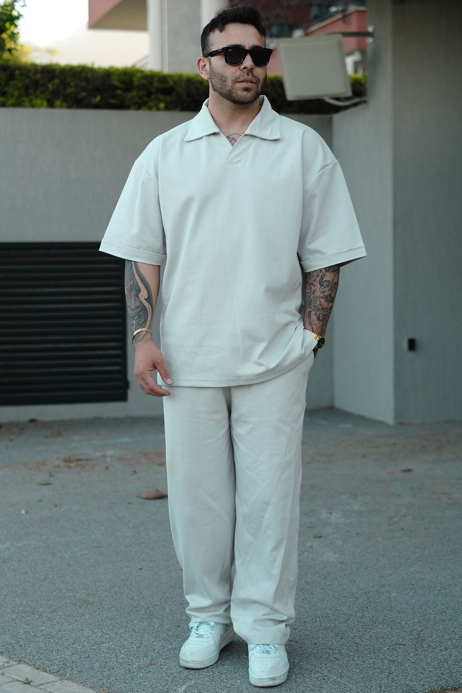 808 Yakalı Basic Tok Oversize Tişört - Açık Gri