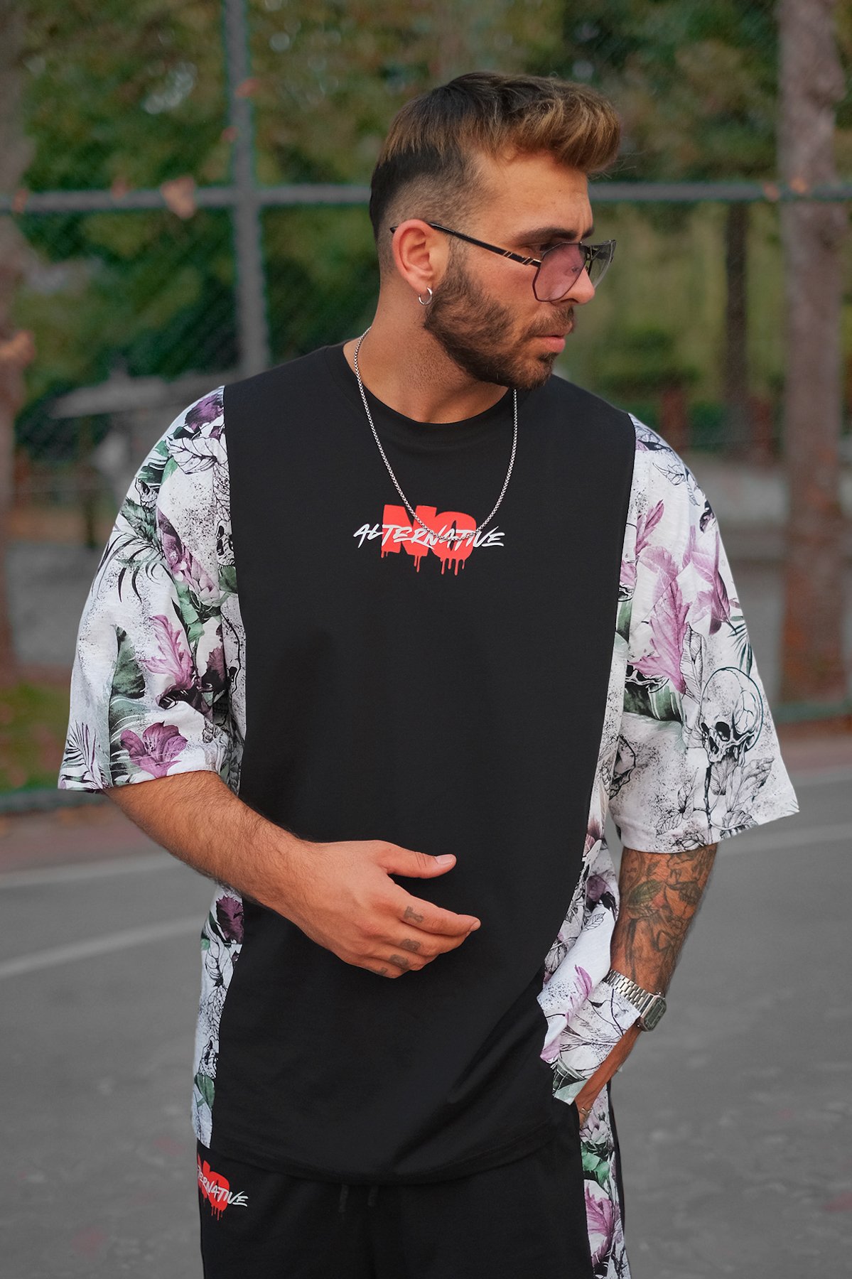 808 Yan Kontrast Sırt Baskılı Oversize Tişört