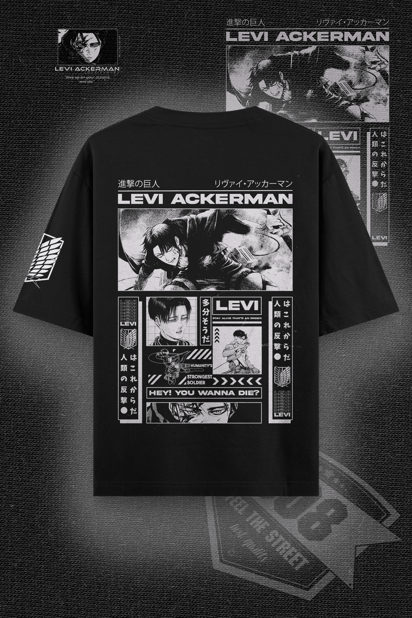 808 " Levi Ackerman " Baskılı Oversize Tişört - Siyah