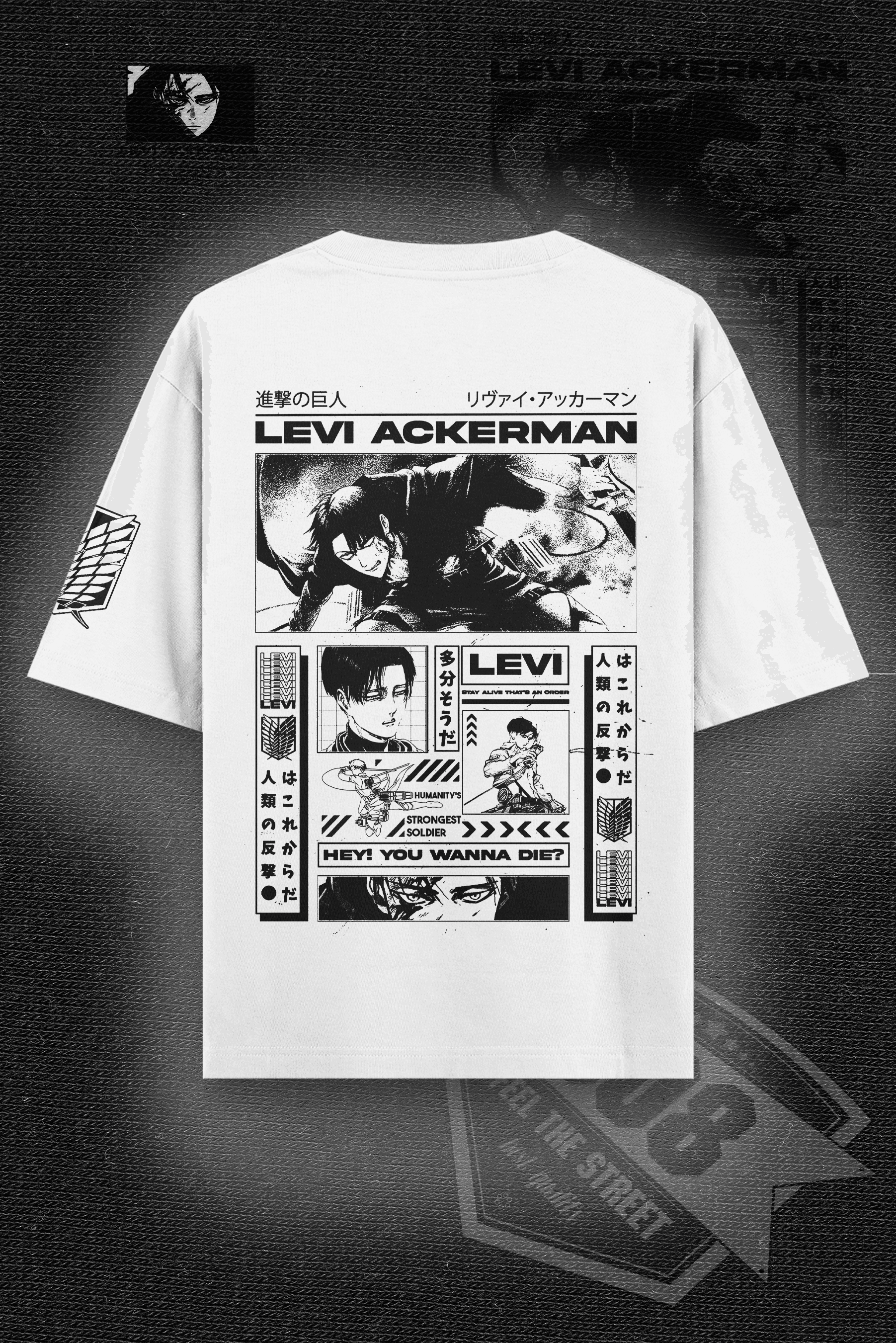 808 " Levi Ackerman " Baskılı Oversize Tişört - Beyaz