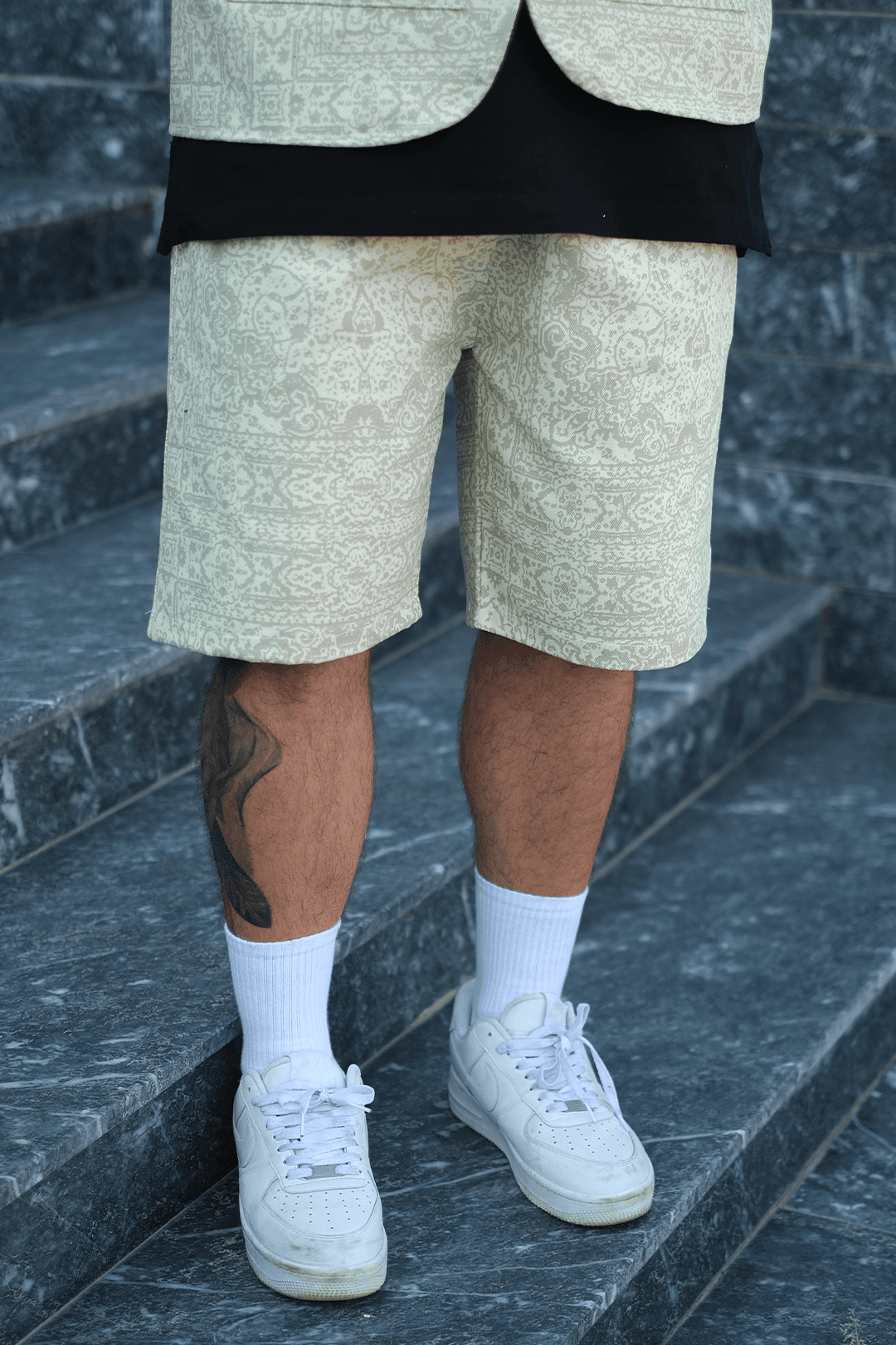 808 Fildişi Mozaik Desen Oversize Şort