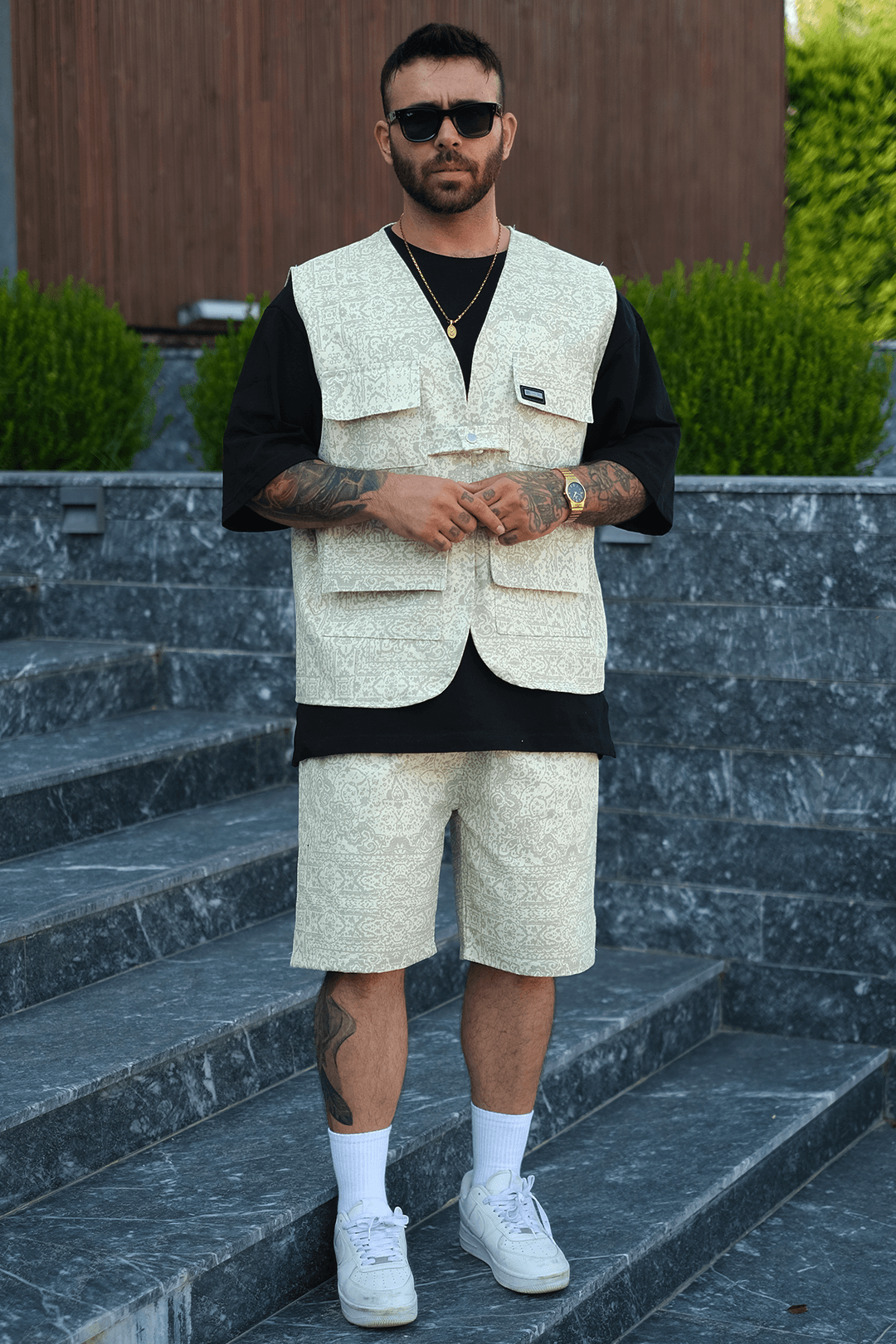808 Fildişi Mozaik Desen Oversize Takım ( Yelek + Şort )
