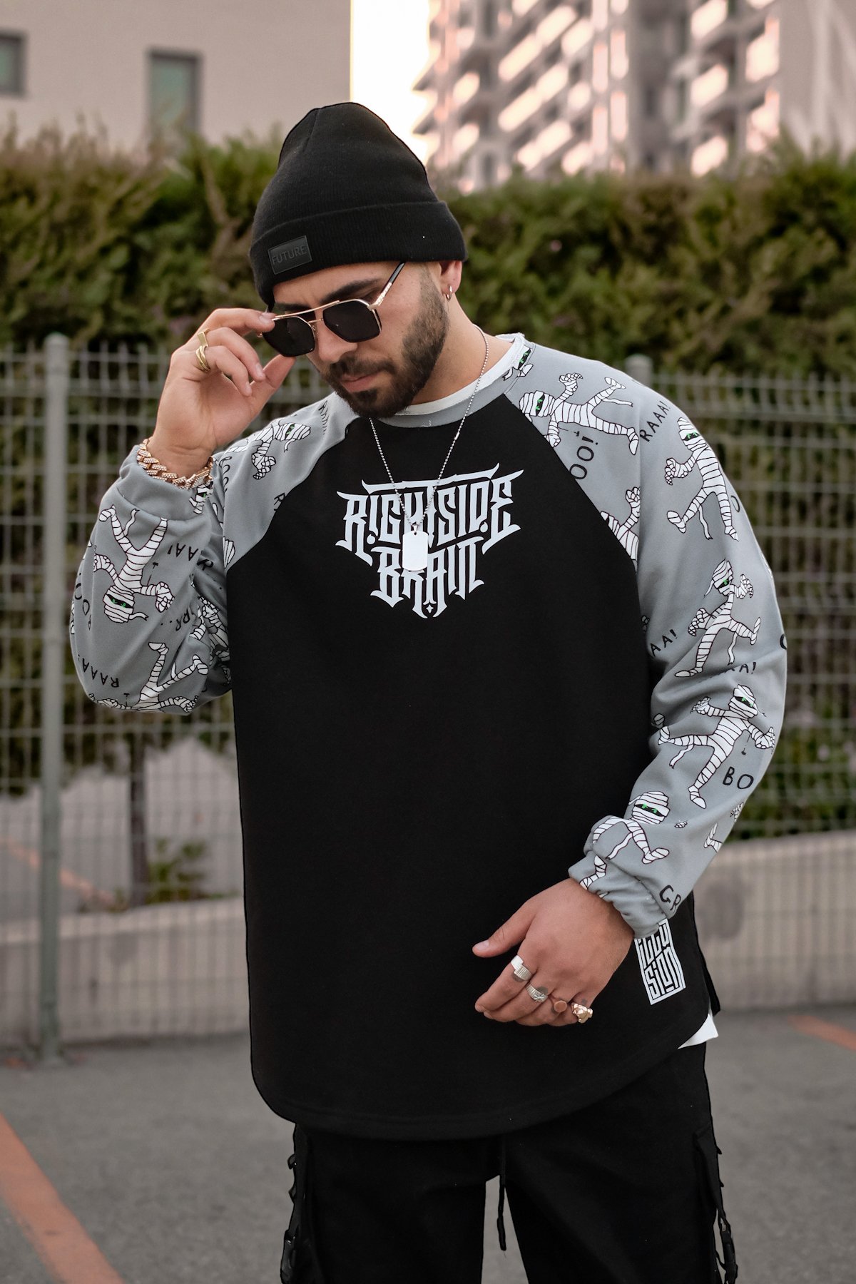 808 Raglan Mumya Desen Kol Baskılı Oversize Sweatshirt
