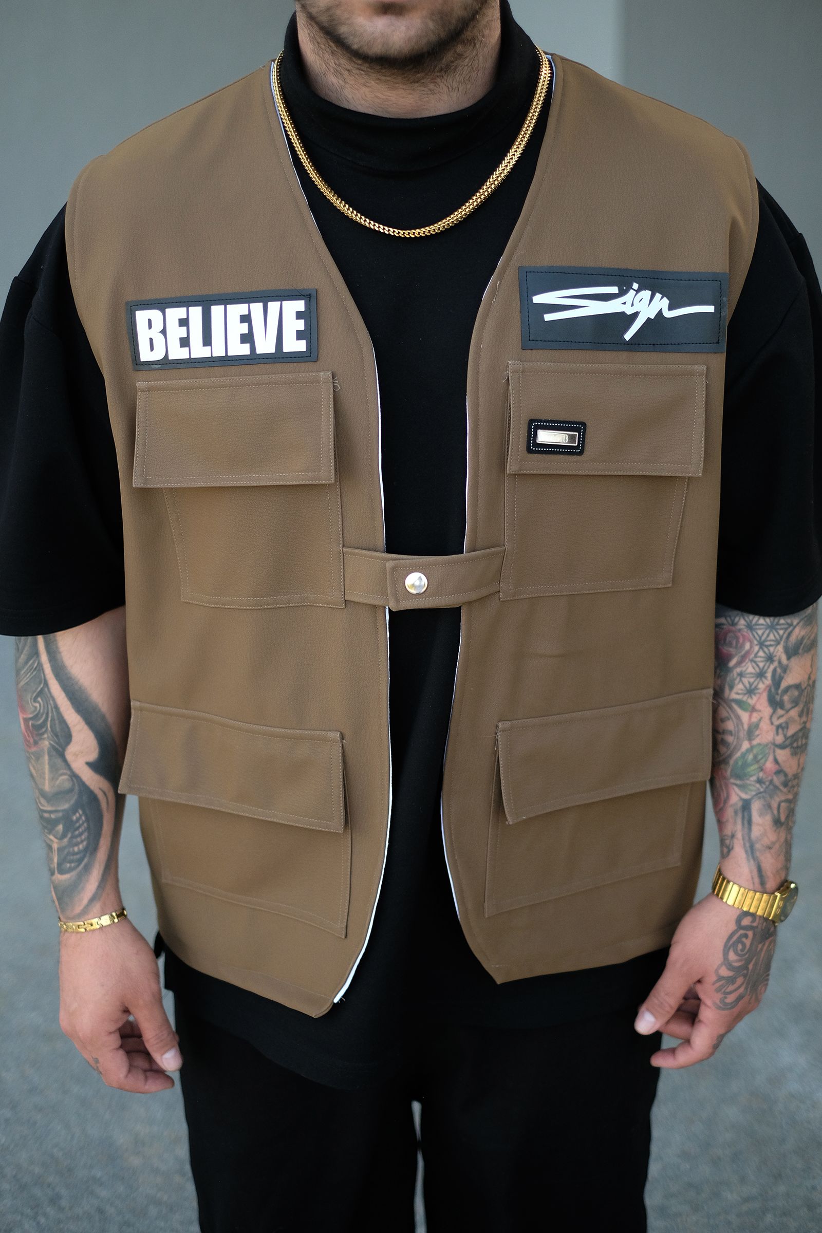 808 Oversize Tek Düğme ''Believe Yelek - Taba