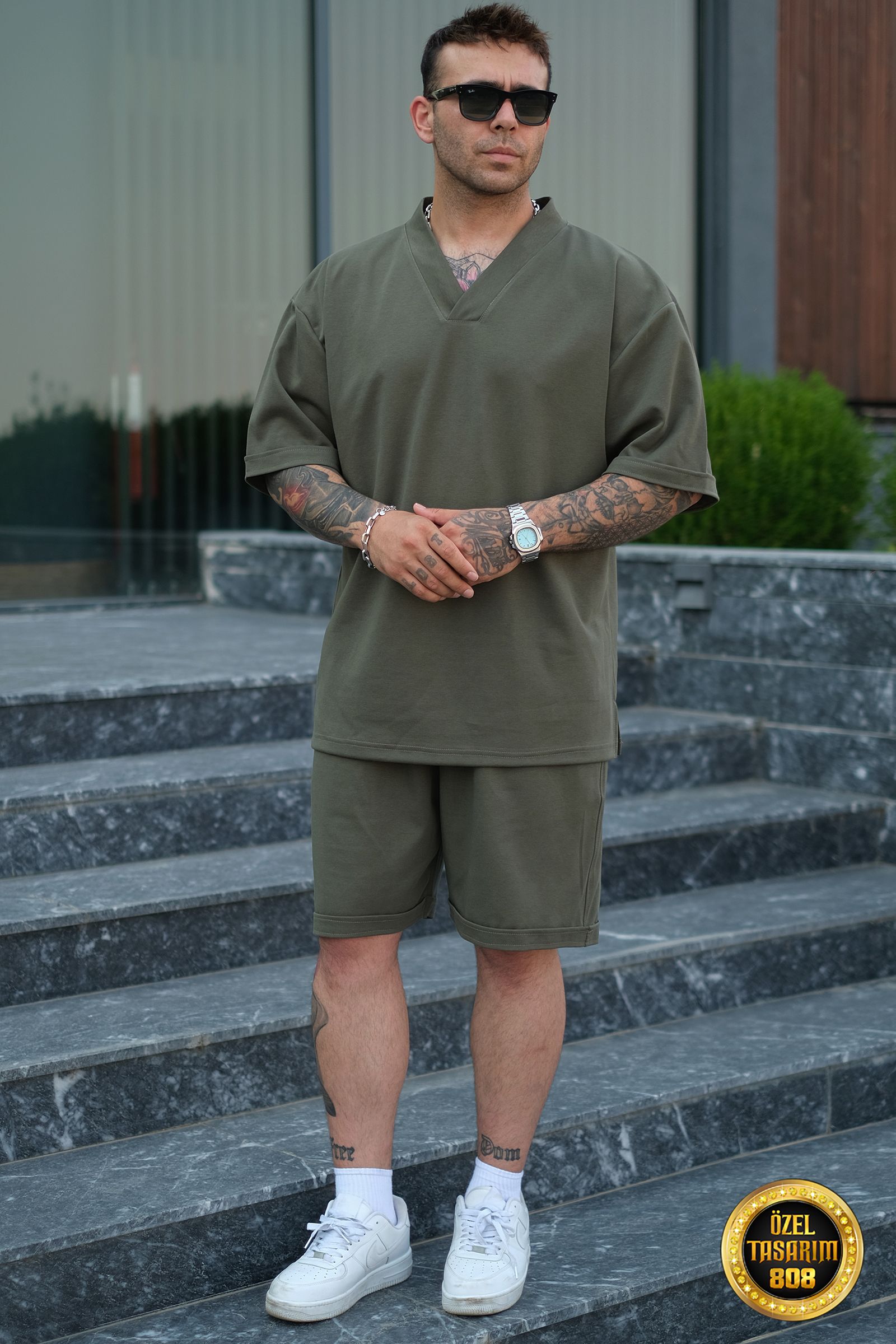 808 Basic V Yaka Oversize Tok Takım - Haki