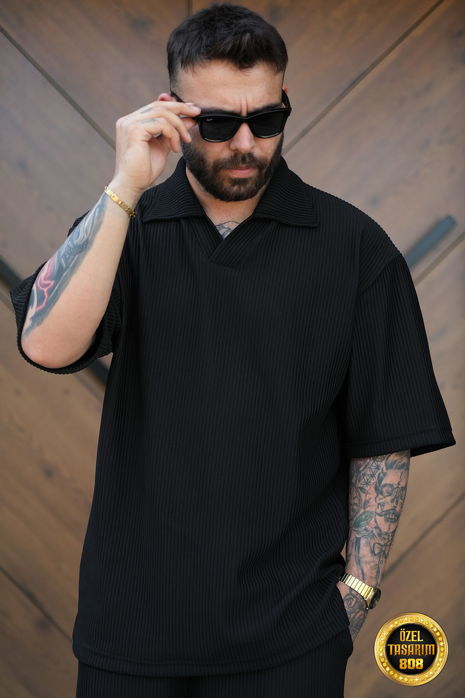 808 Fitil Dokulu Oversize Yakalı Tok Tişört - Siyah