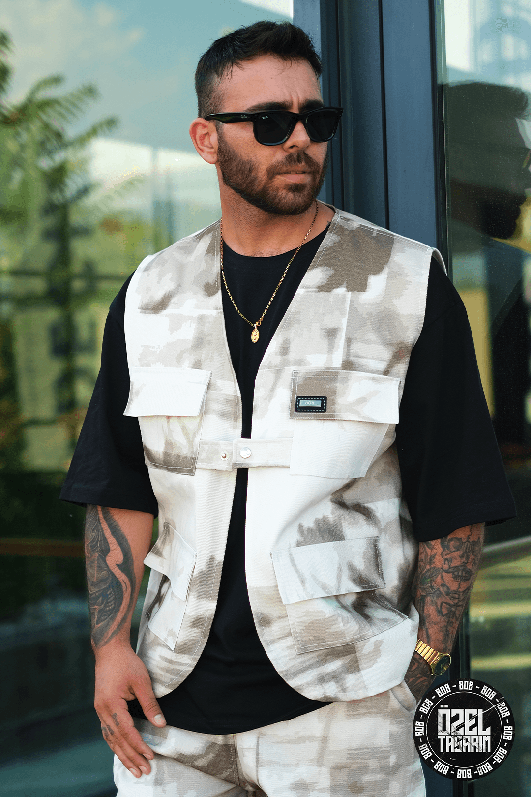 808 Kum Fırtınası Desen Tek Düğme Oversize Yelek