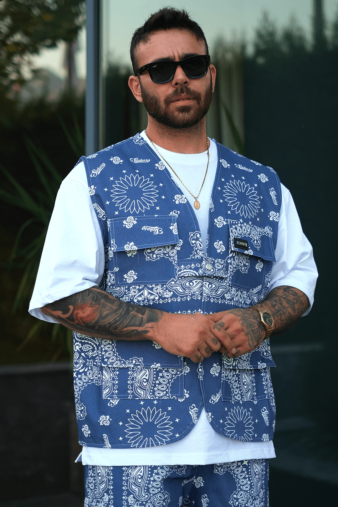 808 Navy Bandana Desen Tek Düğme Oversize Yelek
