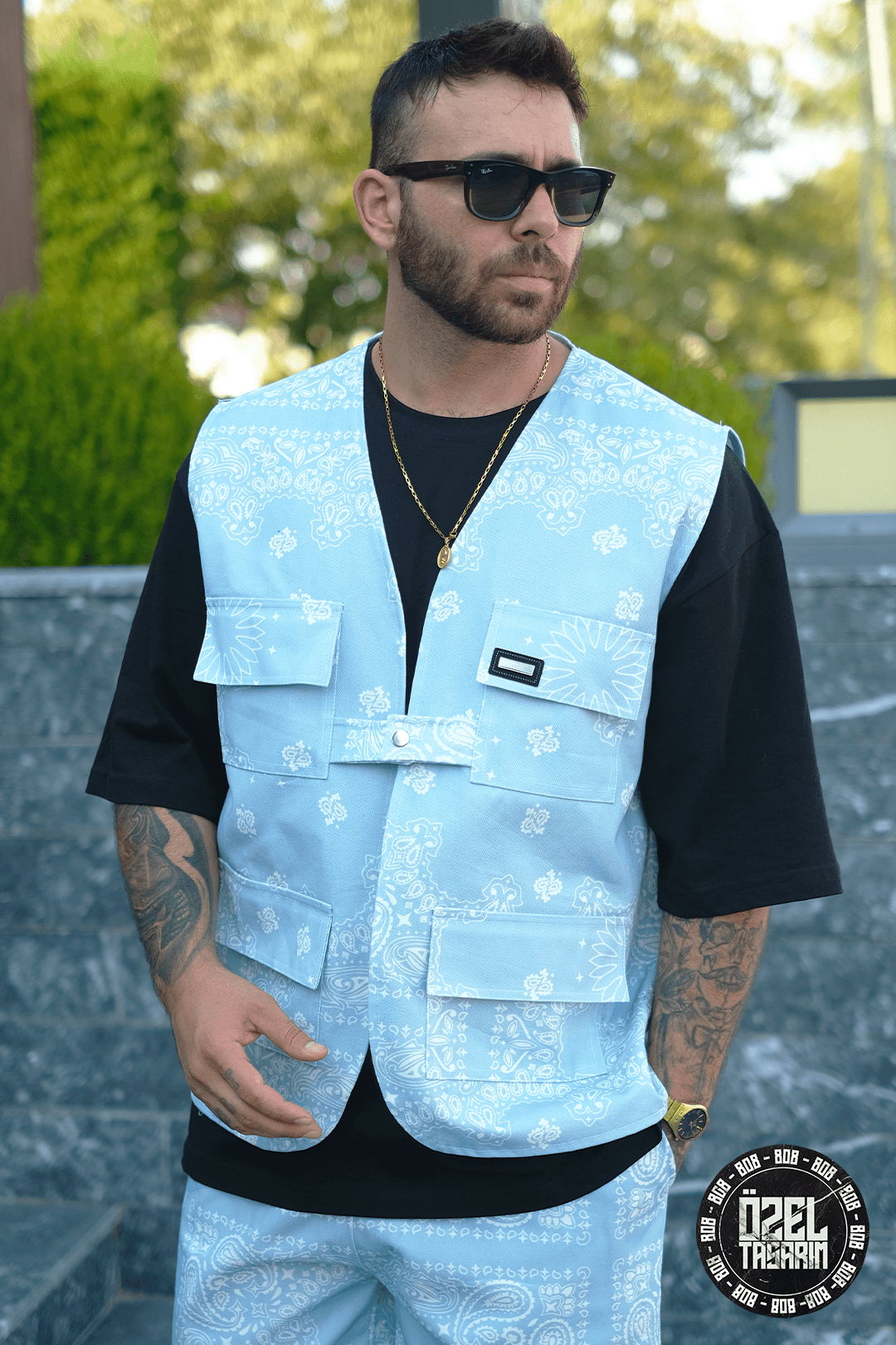 808 Sky Bandana Desen Tek Düğme Oversize Yelek
