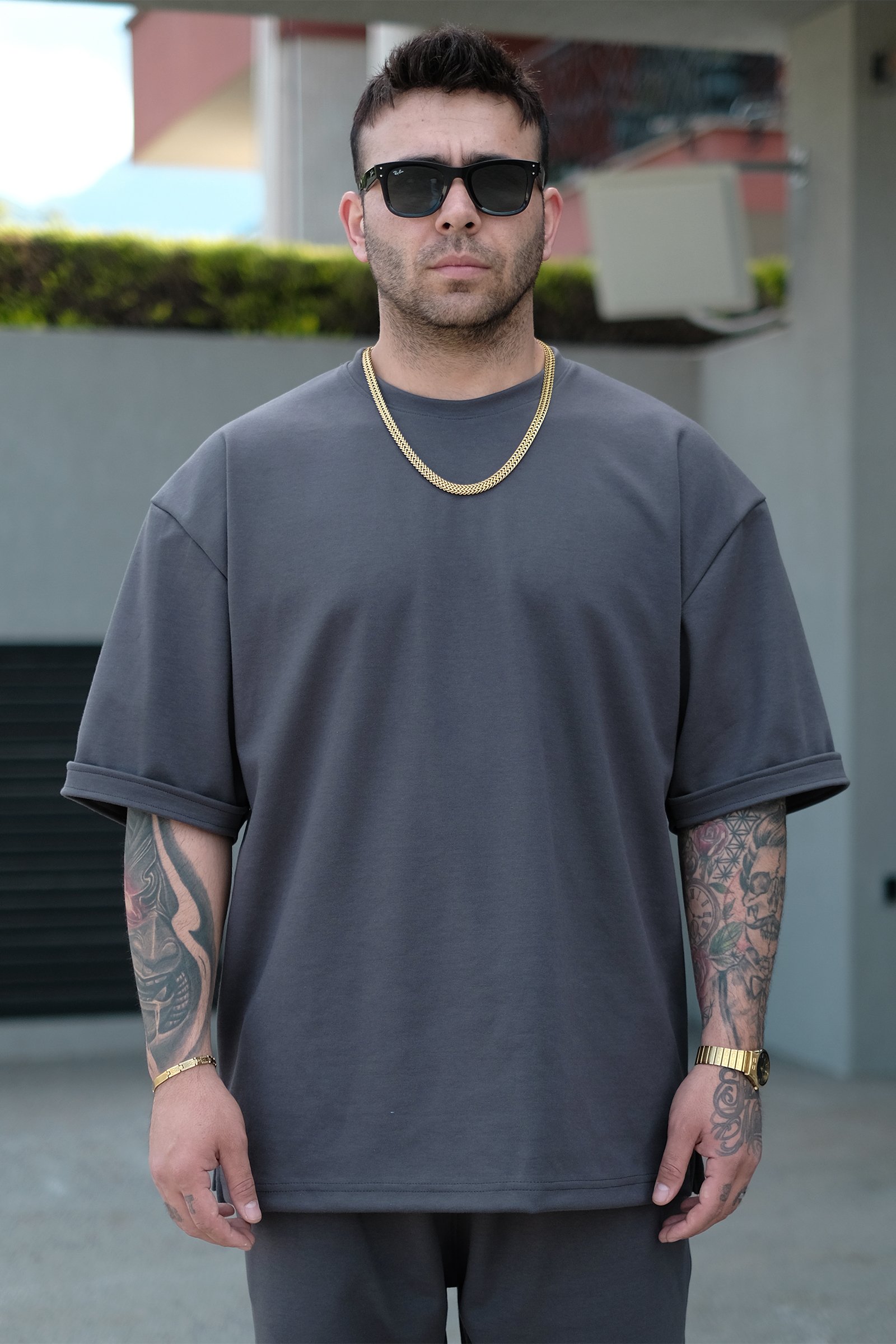 808 Basic Oversize Tok Tişört - Koyu Gri