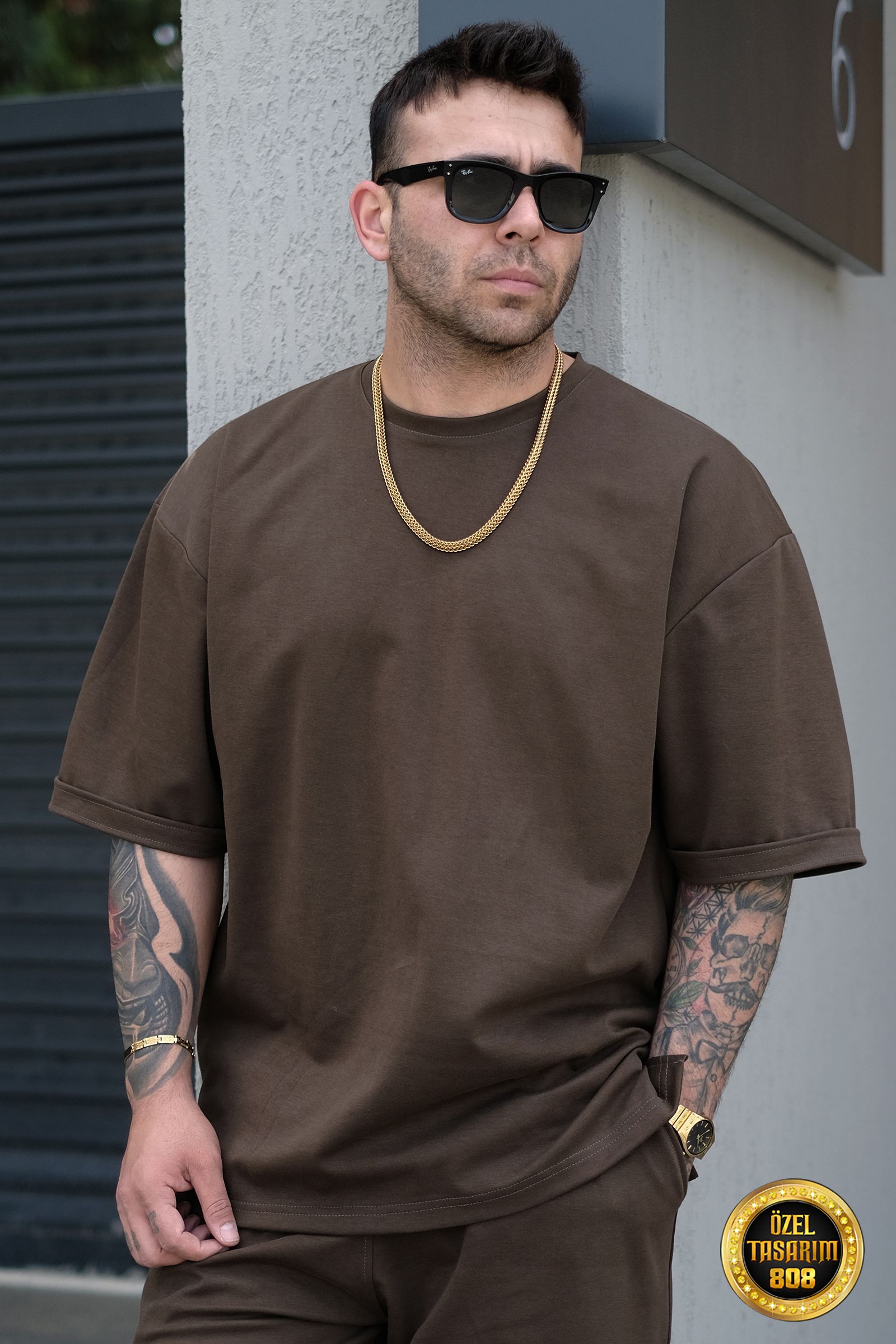 808 Basic Oversize Tok Tişört - Kahverengi