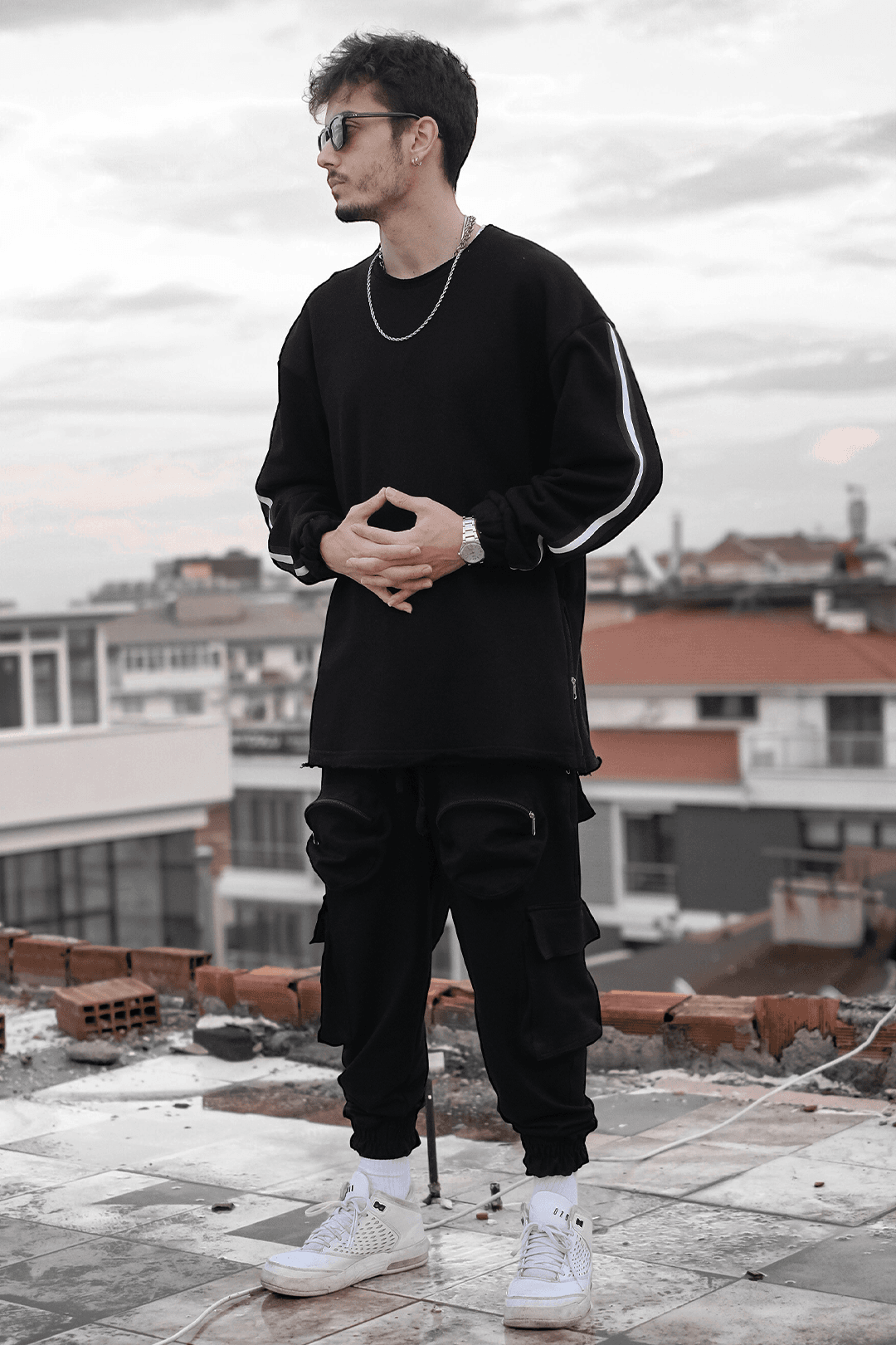 808 Kol Şeritli Pis Yaka Oversize Sweatshirt - Siyah