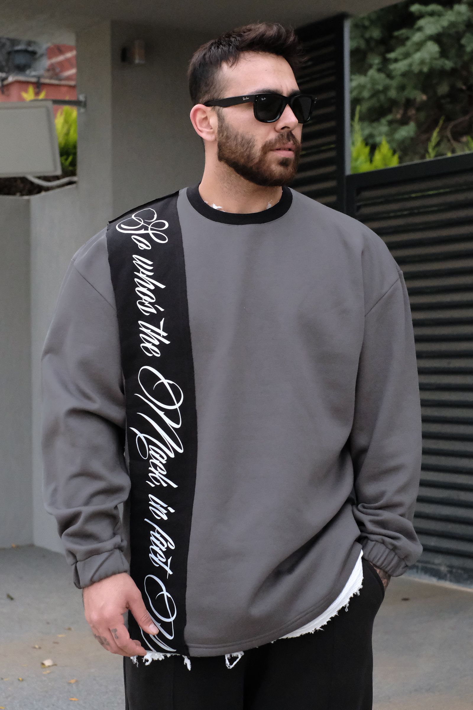 808 Şerit Detay Baskılı Oversize Sweatshirt - Gri