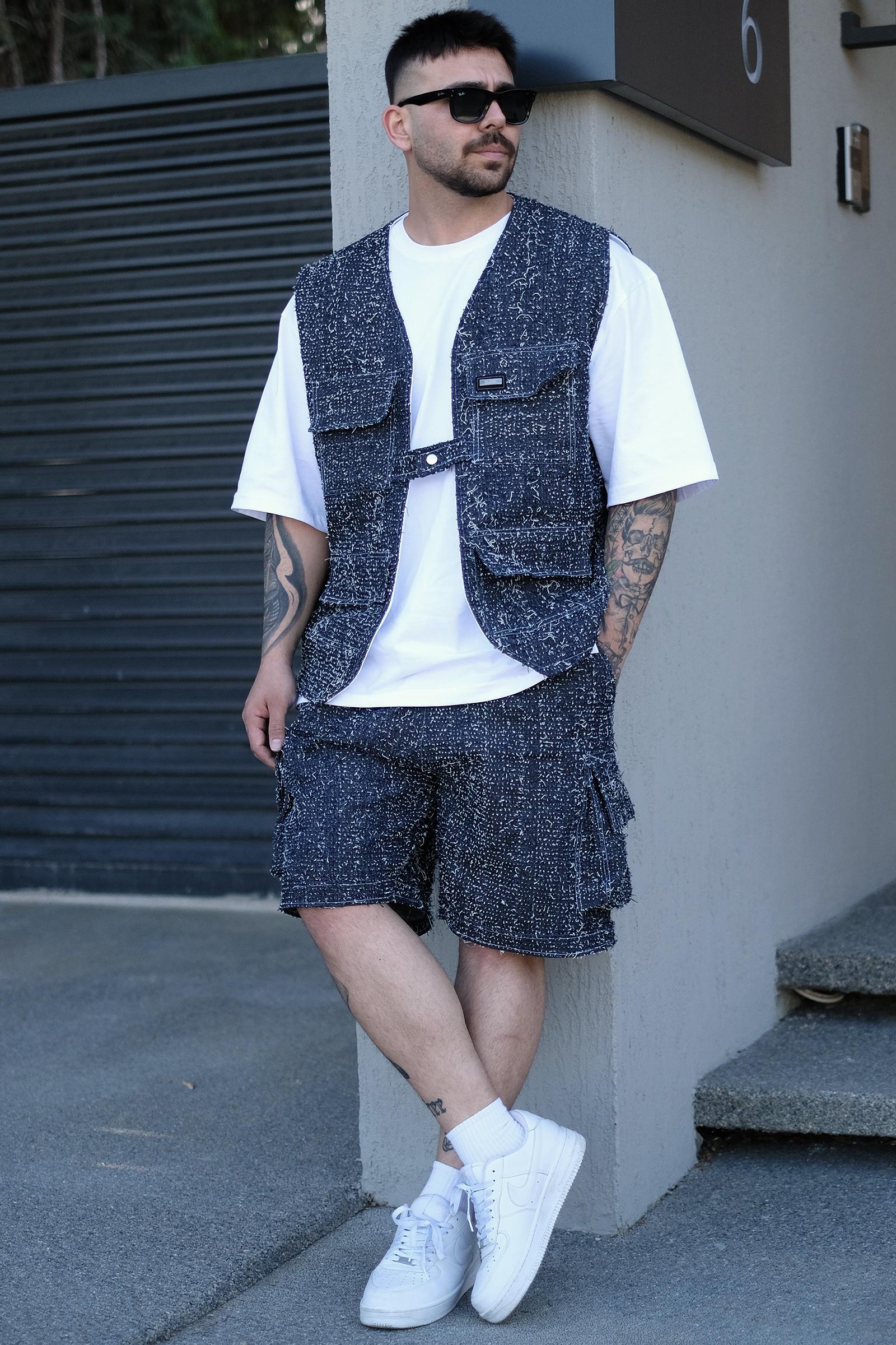 808 Saçaklı Tek Düğme Oversize Kot Takım (Yelek + Şort)