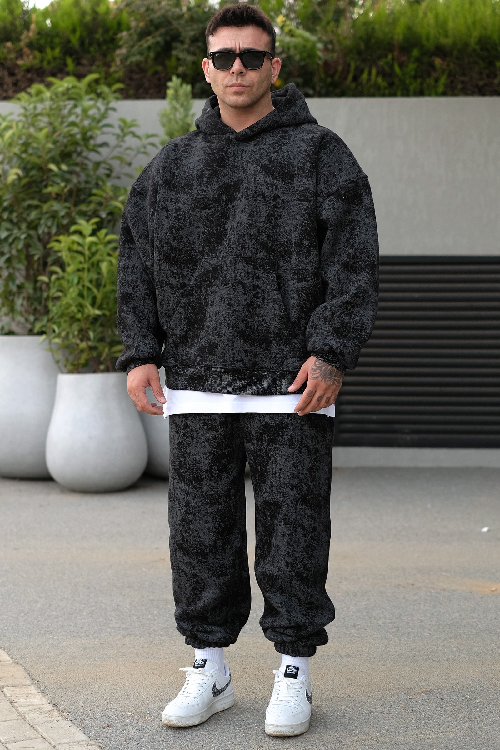 808 Eskitme Efekt Oversize Puff Jogger Eşofman Altı - Siyah