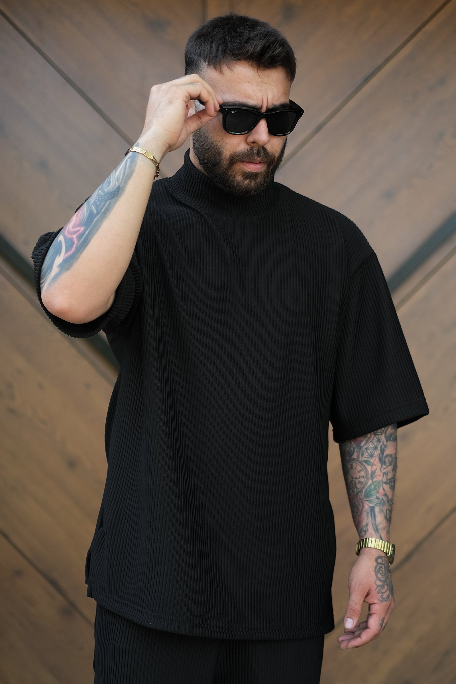 808 Fitil Dokulu Oversize Balıkçı Yaka Tişört - Siyah