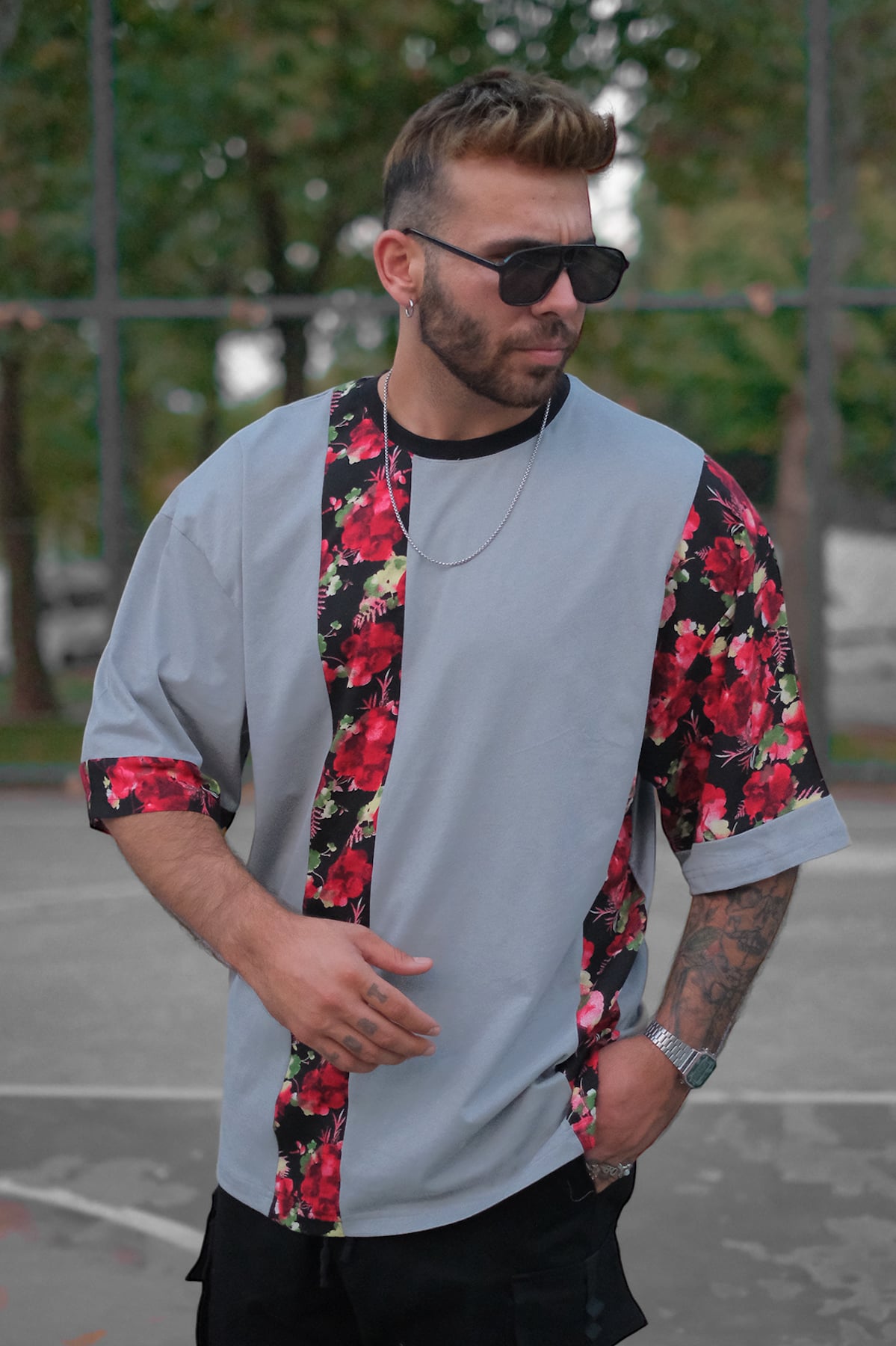 Gri | Gül Desenli