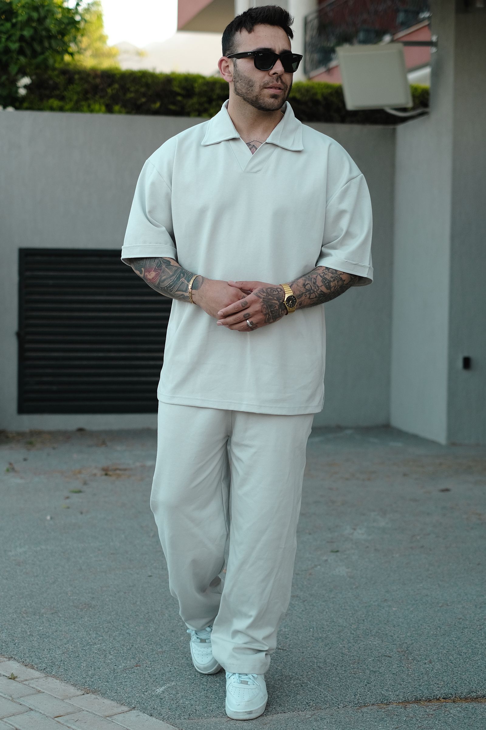 808 Yakalı Basic Tok Oversize Tişört - Açık Gri